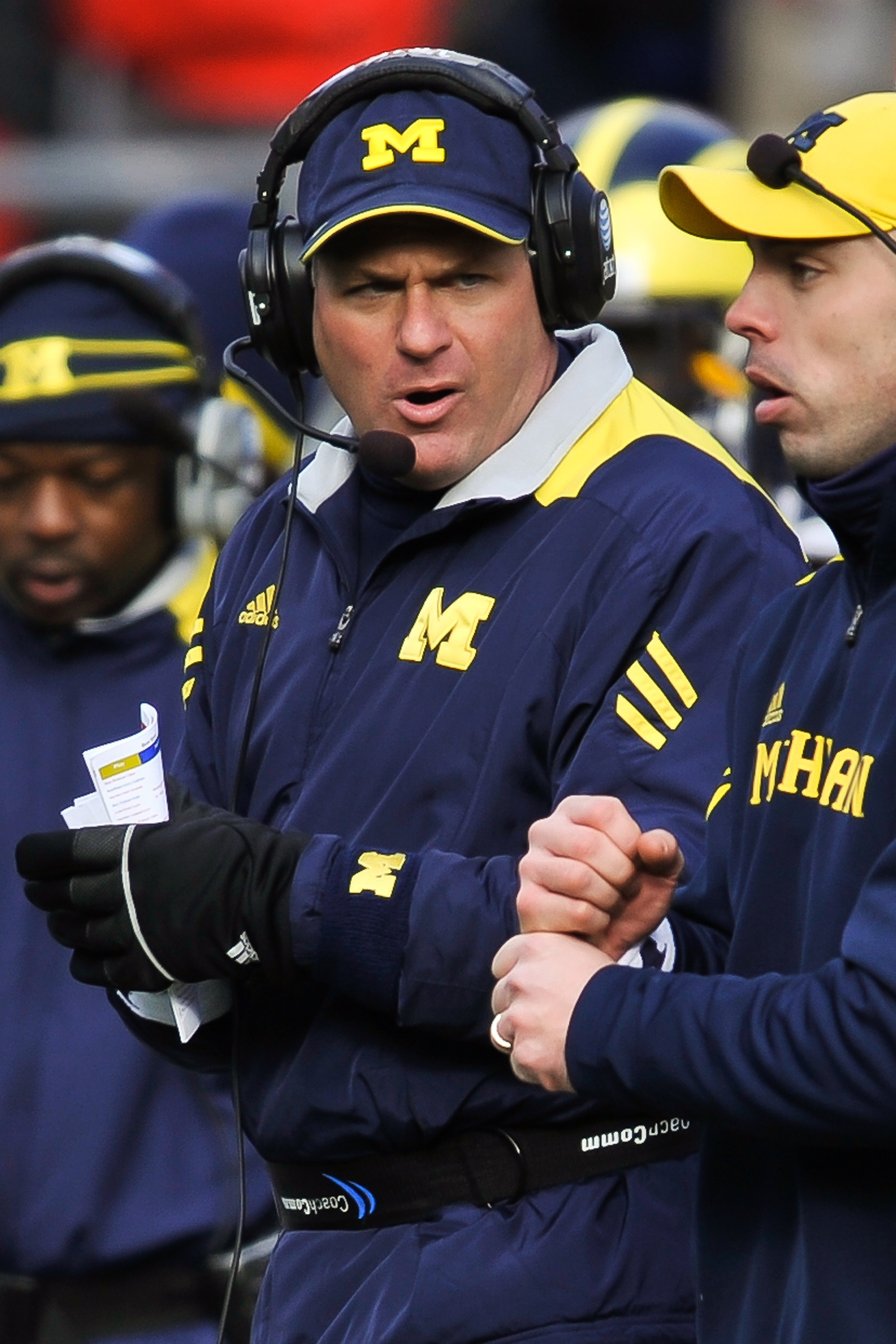 COLUMBUS, OH - NOVEMBER 27:  Head Coach Rich Rodriguez of the Michigan Wolverines watches one of his assistants send in a play against the Ohio State Buckeyes at Ohio Stadium on November 27, 2010 in Columbus, Ohio.  (Photo by Jamie Sabau/Getty Images)