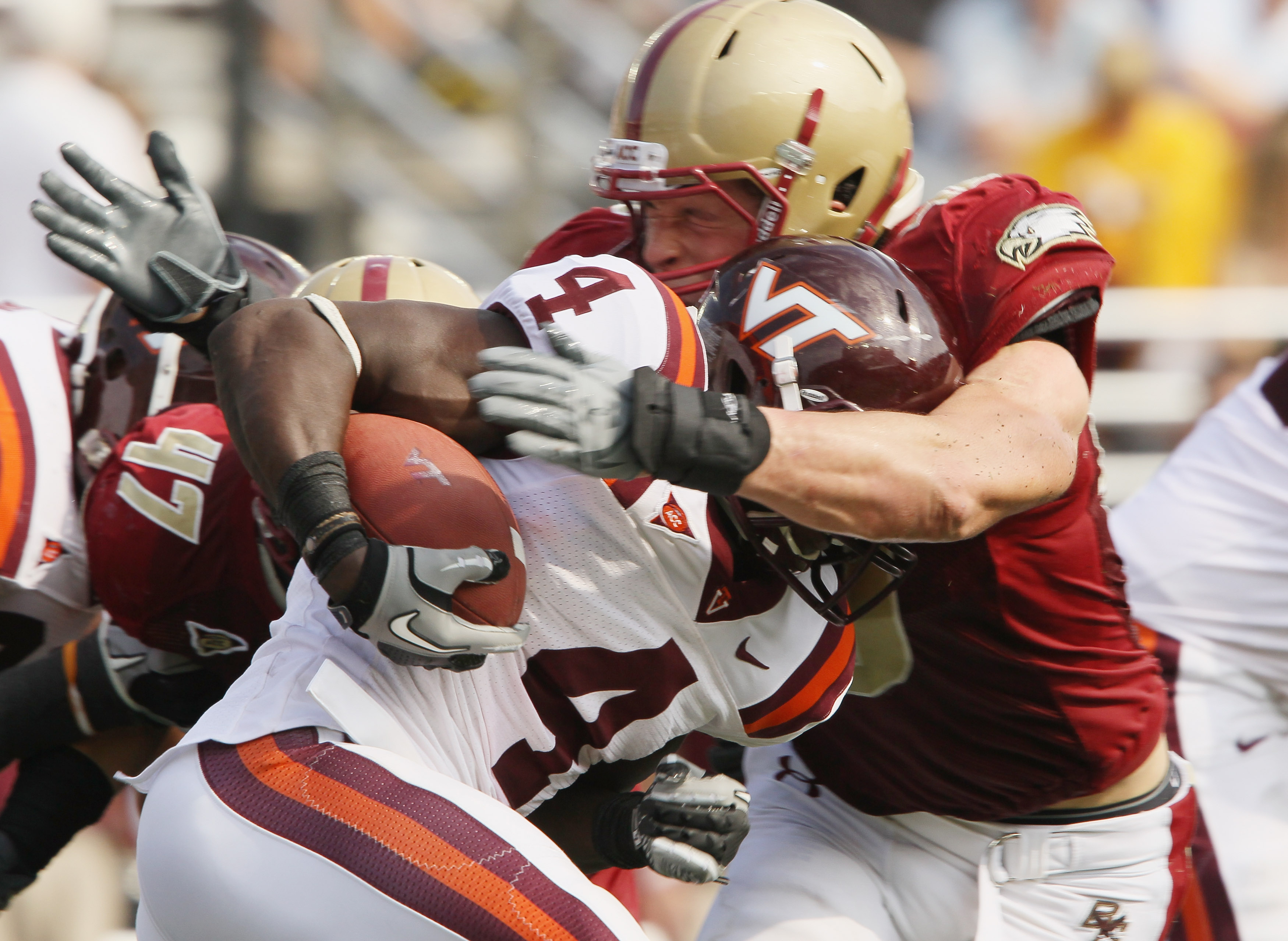 CHESTNUT HILL, MA - SEPTEMBER 25:  Alex Albright #98 of the Boston College Eagles tackles David Wilson #3 of the Virginia Tech Hokies on September 25, 2010 at Alumni Stadium in Chestnut Hill, Massachusetts. Virginia Tech defeated Boston College 19-0.  (Ph