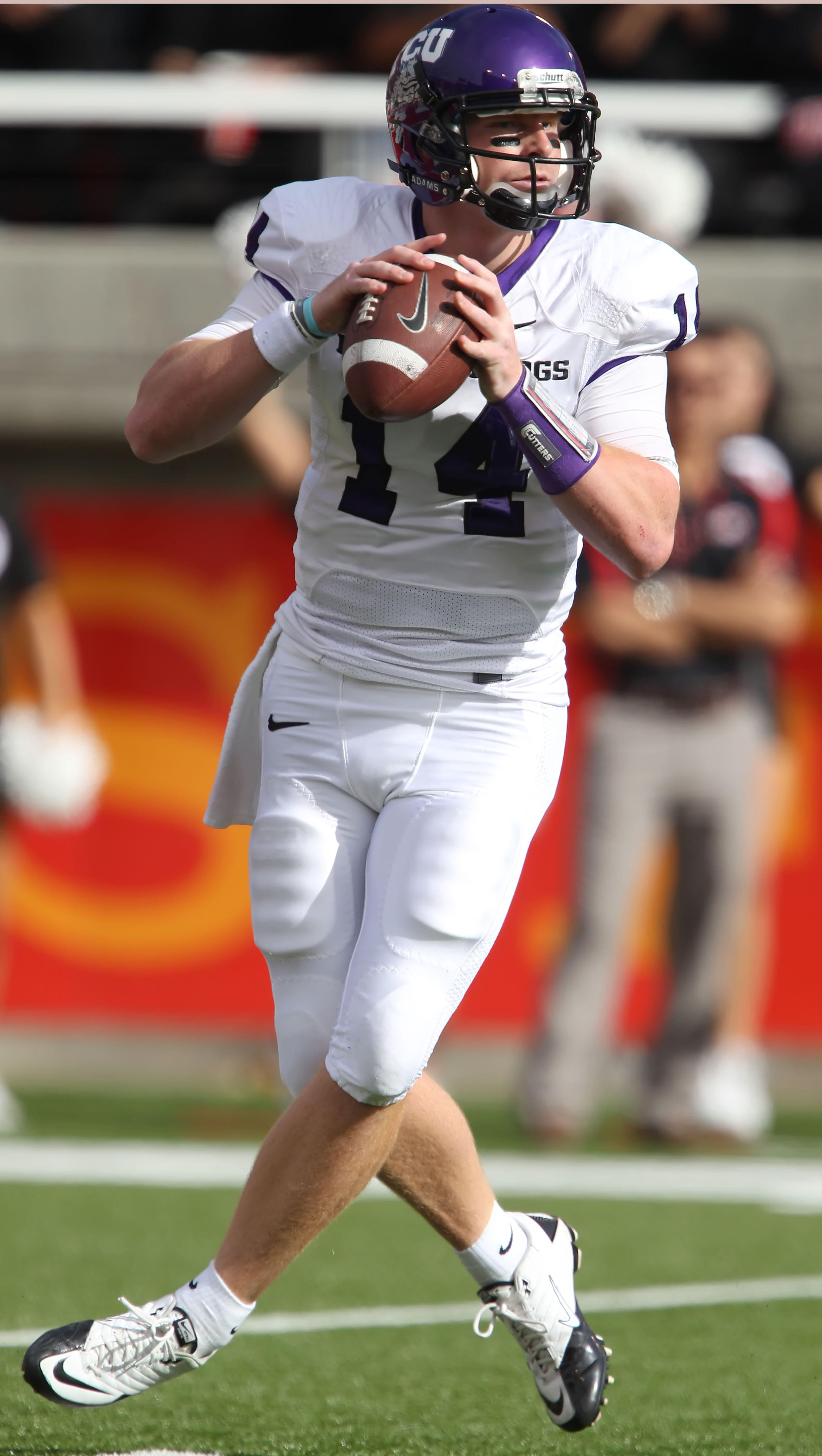 SALT LAKE CITY, UT - NOVEMBER 6: Andy Dalton #14 of the TCU Horned Frogs looks to pass during a game against the Utah Utes during the first half of an NCAA football game November 6, 2010 at Rice-Eccles Stadium in Salt Lake City, Utah. (Photo by George Fre