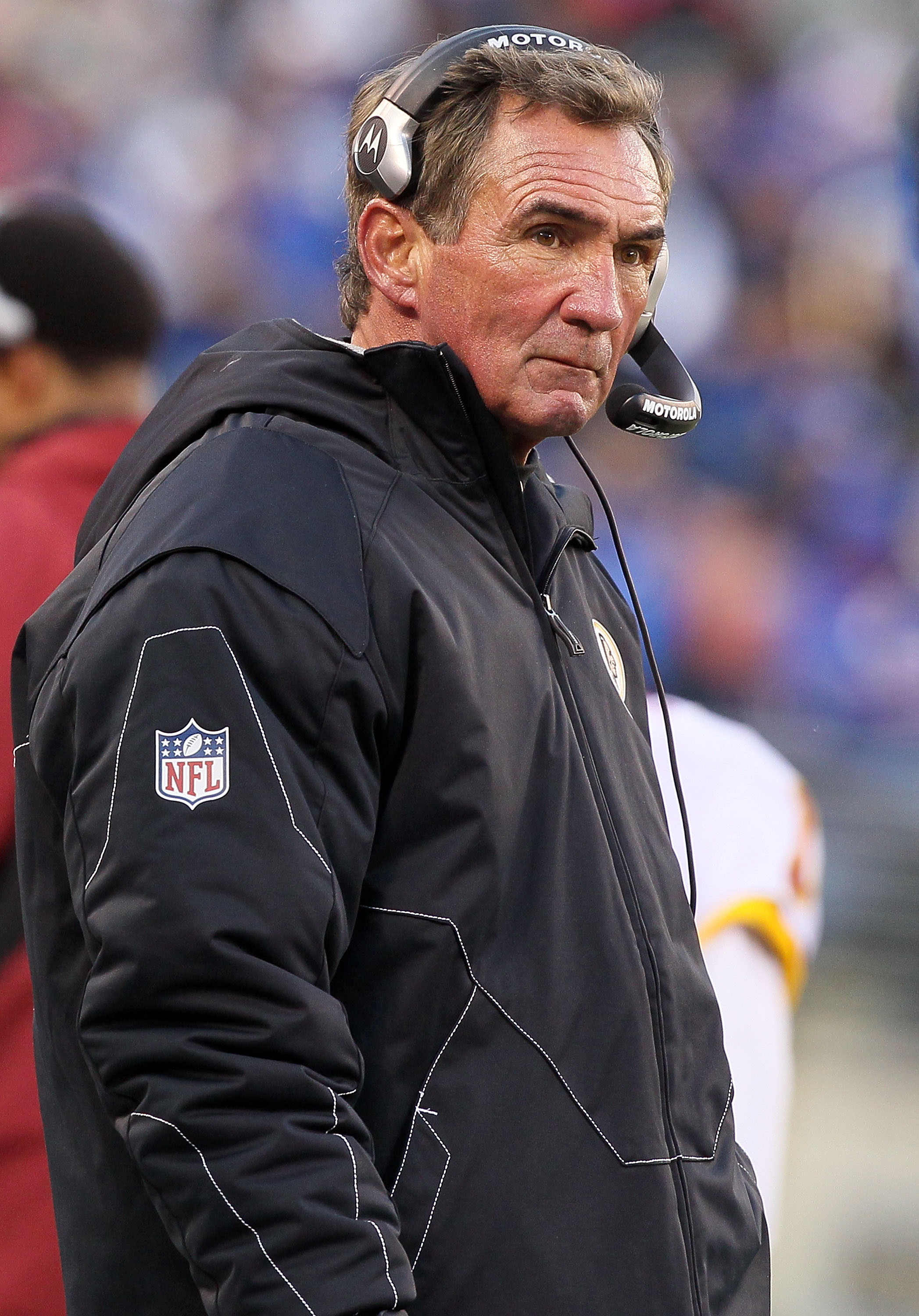 EAST RUTHERFORD, NJ - DECEMBER 05: Head coach Mike Shanahan of the Washington Redskins looks on against the New York Giants on December 5, 2010 at the New Meadowlands Stadium in East Rutherford, New Jersey. The Giants defeated the Redskins 31-7.  (Photo b