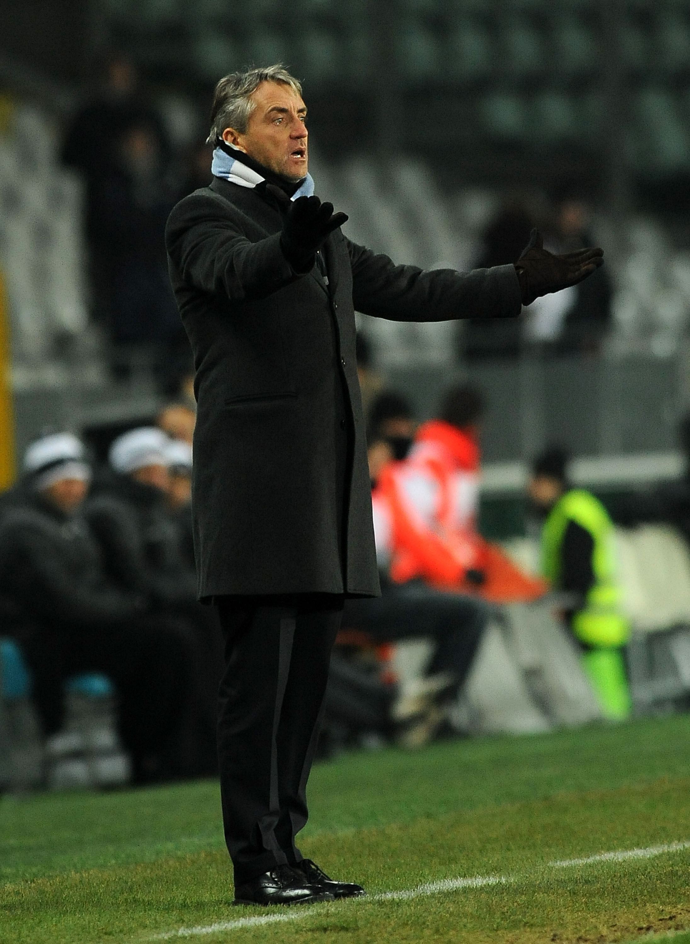 TURIN, ITALY - DECEMBER 16: Head coach Roberto Mancini of Manchester City reacts during the UEFA Europa League group A match between Juventus FC and Manchester City at Stadio Olimpico di Torino on December 16, 2010 in Turin, Italy. (Photo by Massimo Cebre