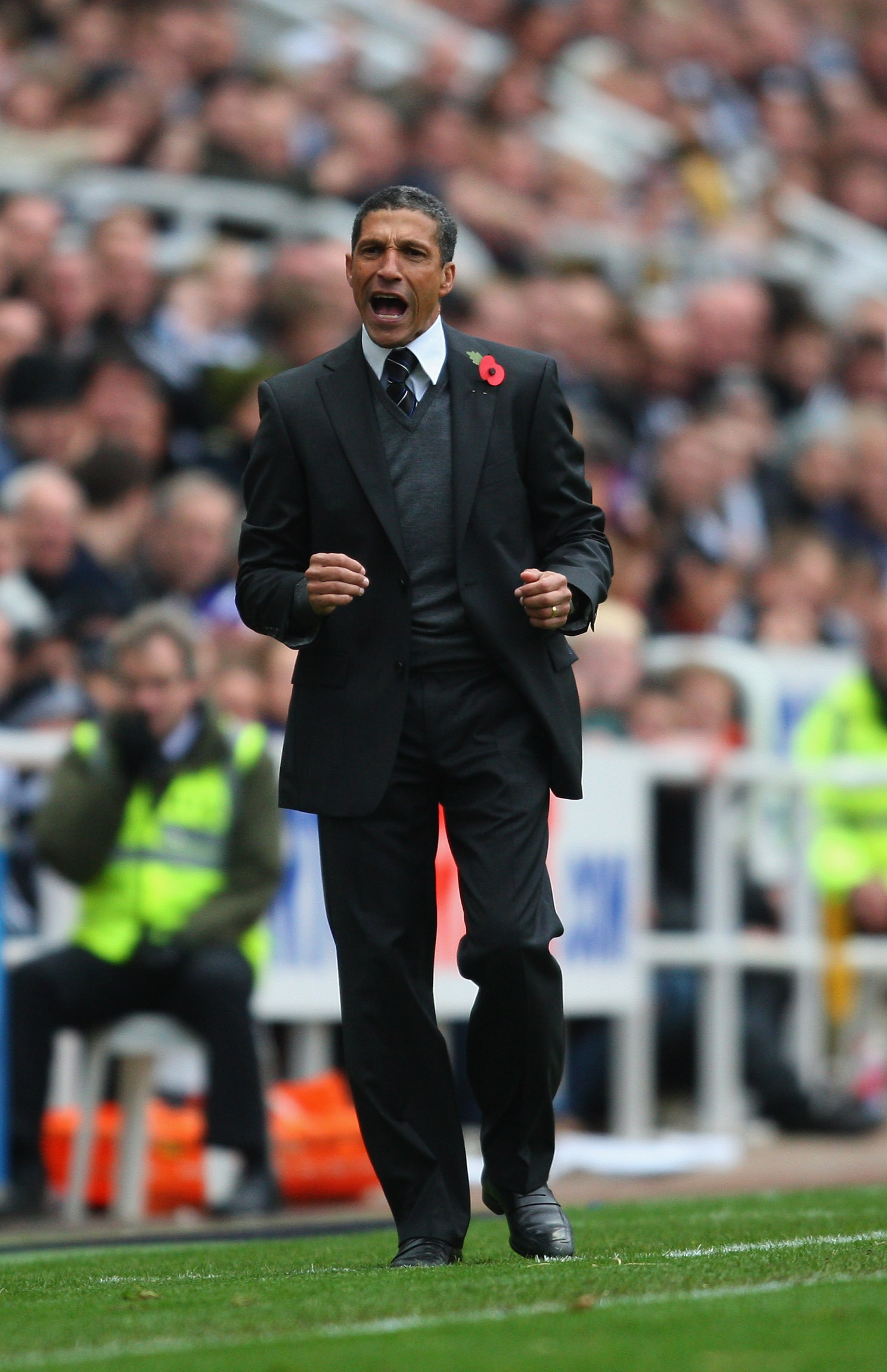 NEWCASTLE UPON TYNE, ENGLAND - OCTOBER 31:  Newcastle manager Chris Hughton reacts during the Barclays Premier League match between Newcastle United and Sunderland at St James' Park on October 31, 2010 in Newcastle upon Tyne, England.  (Photo by Stu Forst