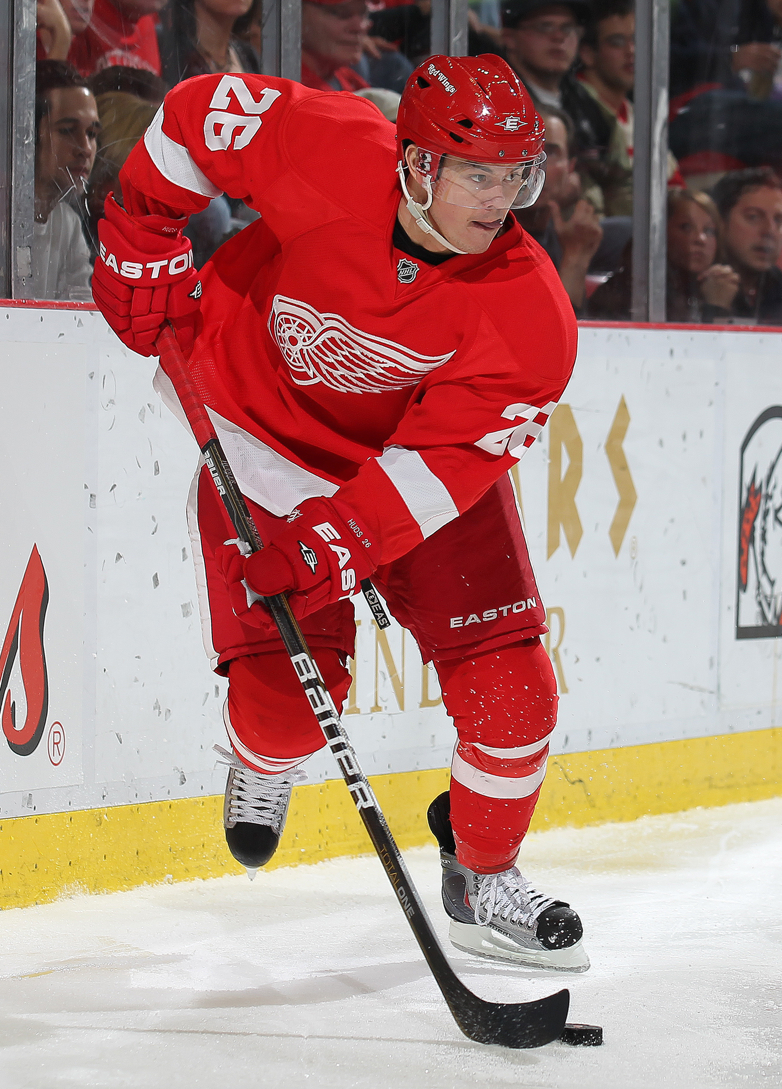 DETROIT,MI - DECEMBER 10:  Jiri Hudler #26 of the Detroit Red Wings skates with the puck during the game against the Montreal Canadiens at the Joe Louis Arena on December 10, 2010  in Detroit, Michigan. The Wings defeated the Canadiens 4-2. (Photo by Clau