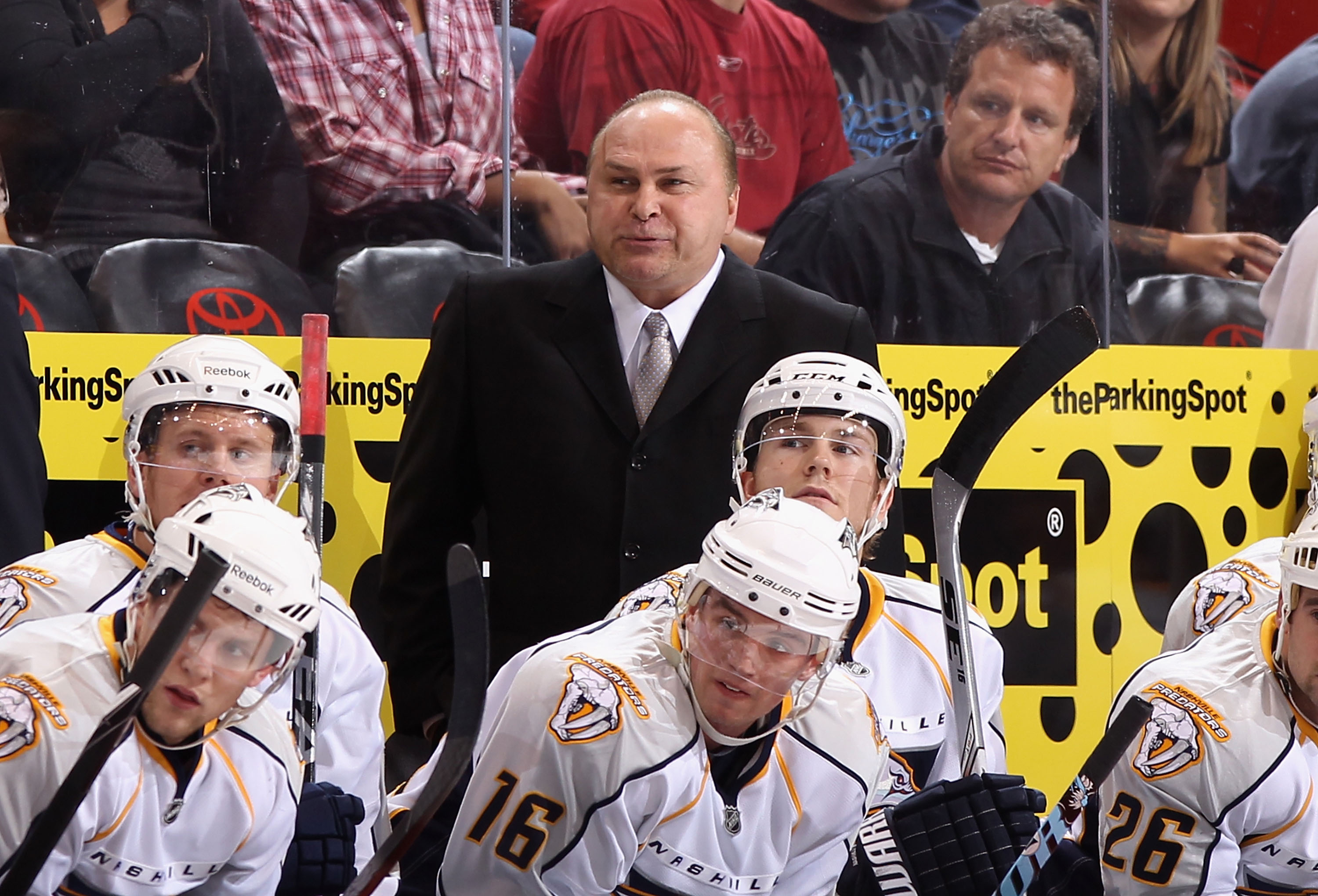 GLENDALE, AZ - NOVEMBER 03:  Head coach Barry Trotz of the Nashville Predators during the NHL game against the Phoenix Coyotes at Jobing.com Arena on November 3, 2010 in Glendale, Arizona.  The Coyotes defeated the Predators 4-3.  (Photo by Christian Pete