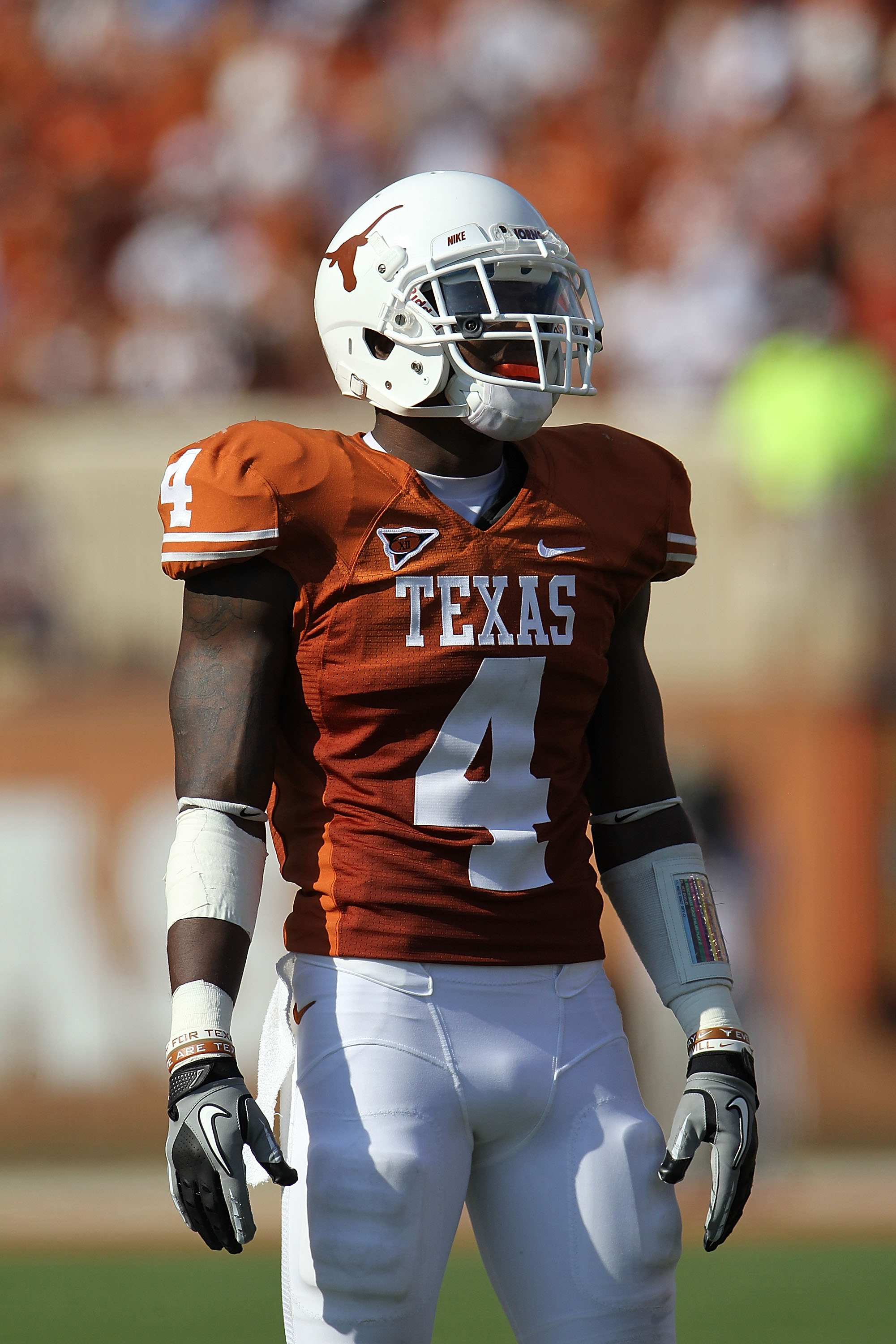 AUSTIN, TX - SEPTEMBER 25:  Cornerback Aaron Williams #4 of the Texas Longhorns at Darrell K Royal-Texas Memorial Stadium on September 25, 2010 in Austin, Texas.  (Photo by Ronald Martinez/Getty Images)