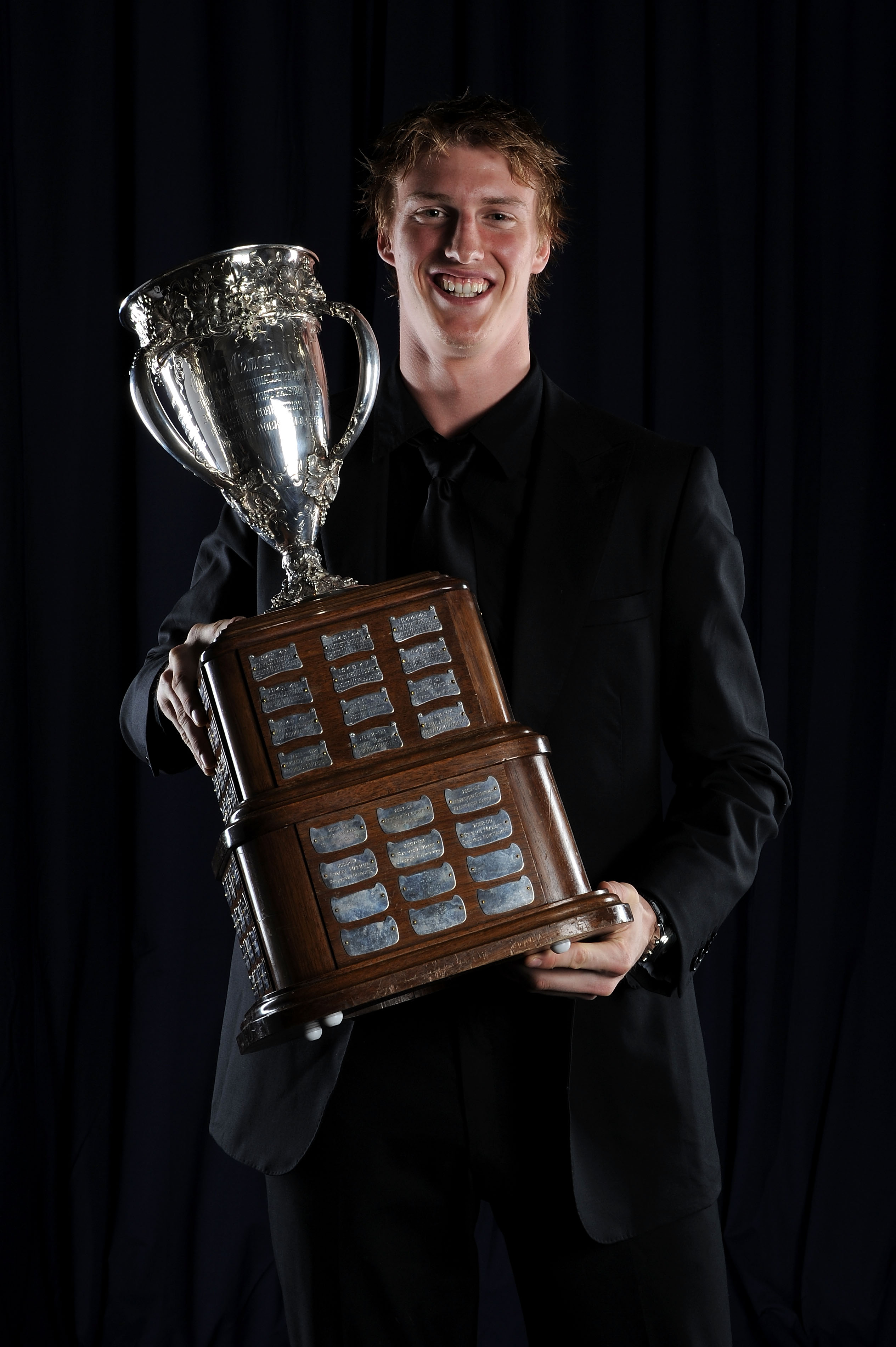LAS VEGAS - JUNE 23:  Tyler Myers of the Buffalo Sabres poses with the Calder Trophy for a portrait during the 2010 NHL Awards at the Palms Casino Resort on June 23, 2010 in Las Vegas, Nevada.  (Photo by Harry How/Getty Images)