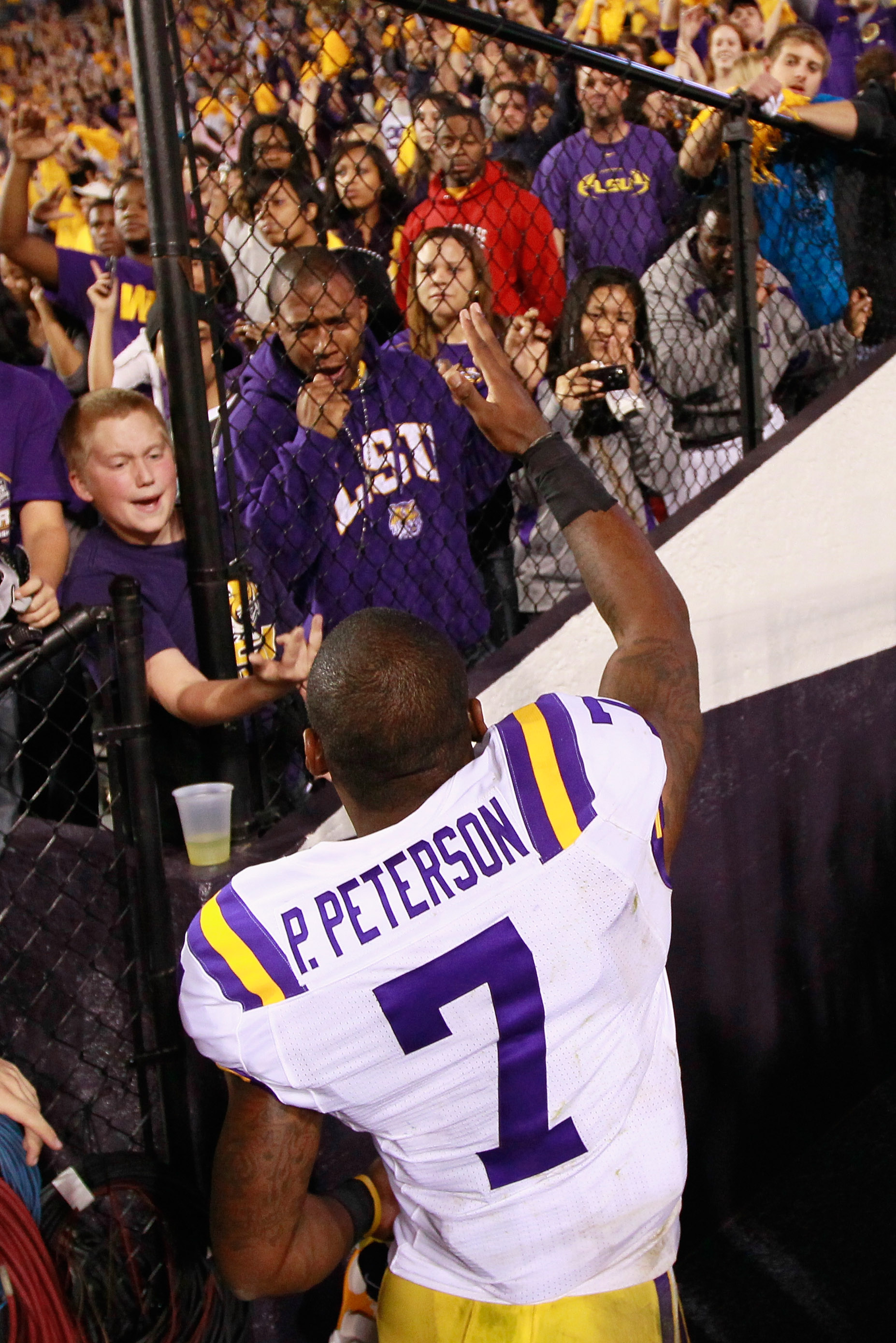 BATON ROUGE, LA - NOVEMBER 20:  Patrick Peterson #7 of the Louisiana State University Tigers reacts after their 43-36 win over the Ole Miss Rebels at Tiger Stadium on November 20, 2010 in Baton Rouge, Louisiana.  (Photo by Kevin C. Cox/Getty Images)