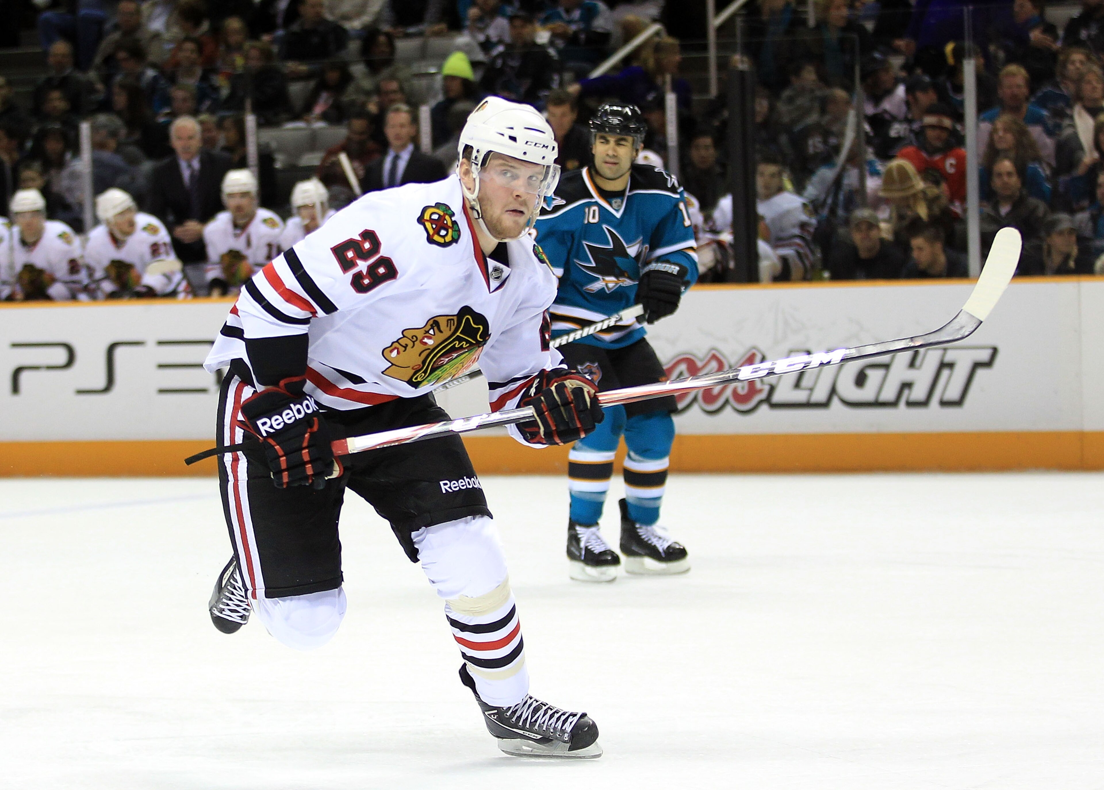 SAN JOSE, CA - NOVEMBER 24:  Bryan Bickell #29 of the Chicago Blackhawks in action against the San Jose Sharks at HP Pavilion on November 24, 2010 in San Jose, California.  (Photo by Ezra Shaw/Getty Images)