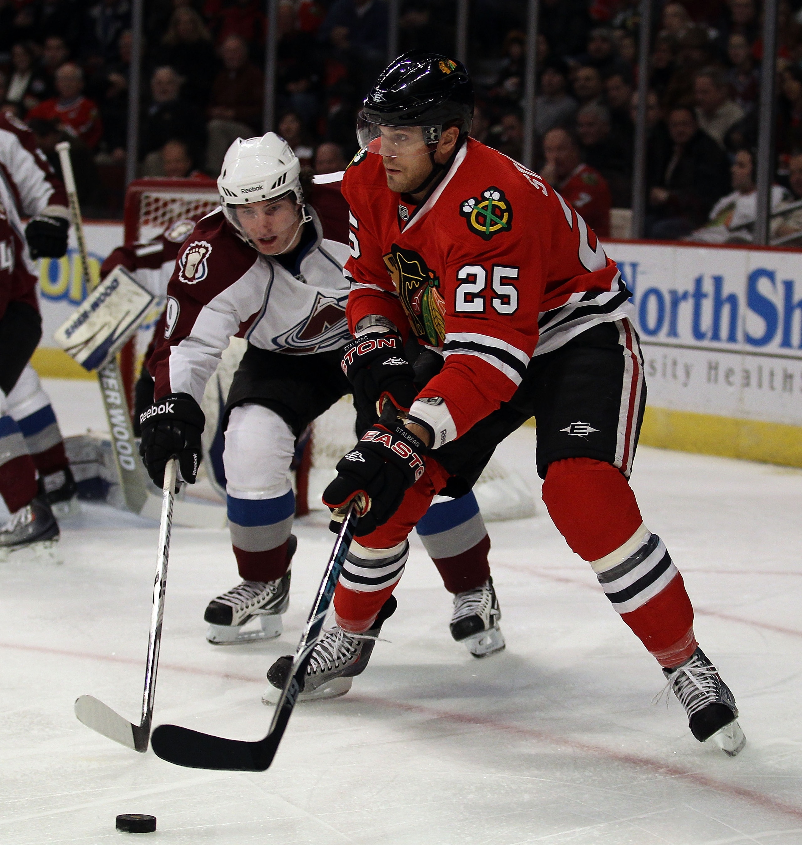 CHICAGO, IL - DECEMBER 15: Viktor Stalberg #25 of the Chicago Blackhawks battles for the puck with Matt Duchene #9 of the Colorado Avalanche at the United Center on December 15, 2010 in Chicago, Illinois. The Avalanche defeated the Blackhawks 4-3. (Photo CHICAGO, IL - DECEMBER 15: Viktor Stalberg #25 of the Chicago Blackhawks battles for the puck with Matt Duchene #9 of the Colorado Avalanche at the United Center on December 15, 2010 in Chicago, Illinois. The Avalanche defeated the Blackhawks 4-3. (Photo