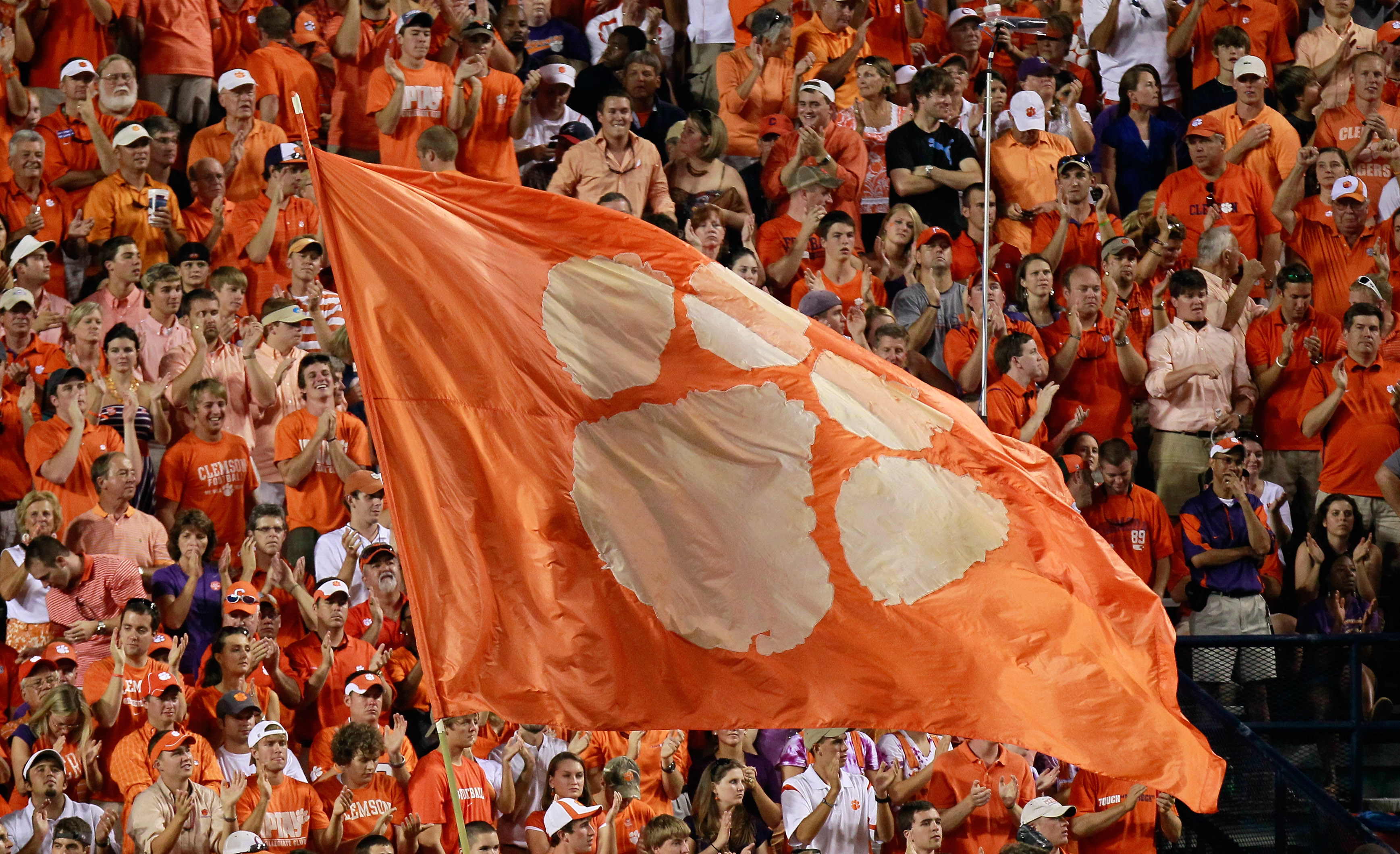 AUBURN, AL - SEPTEMBER 18: Cheerleaders of the Clemson Tigers wave their flag during the game against the Auburn Tigers at Jordan-Hare Stadium on September 18, 2010 in Auburn, Alabama. (Photo by Kevin C. Cox/Getty Images)