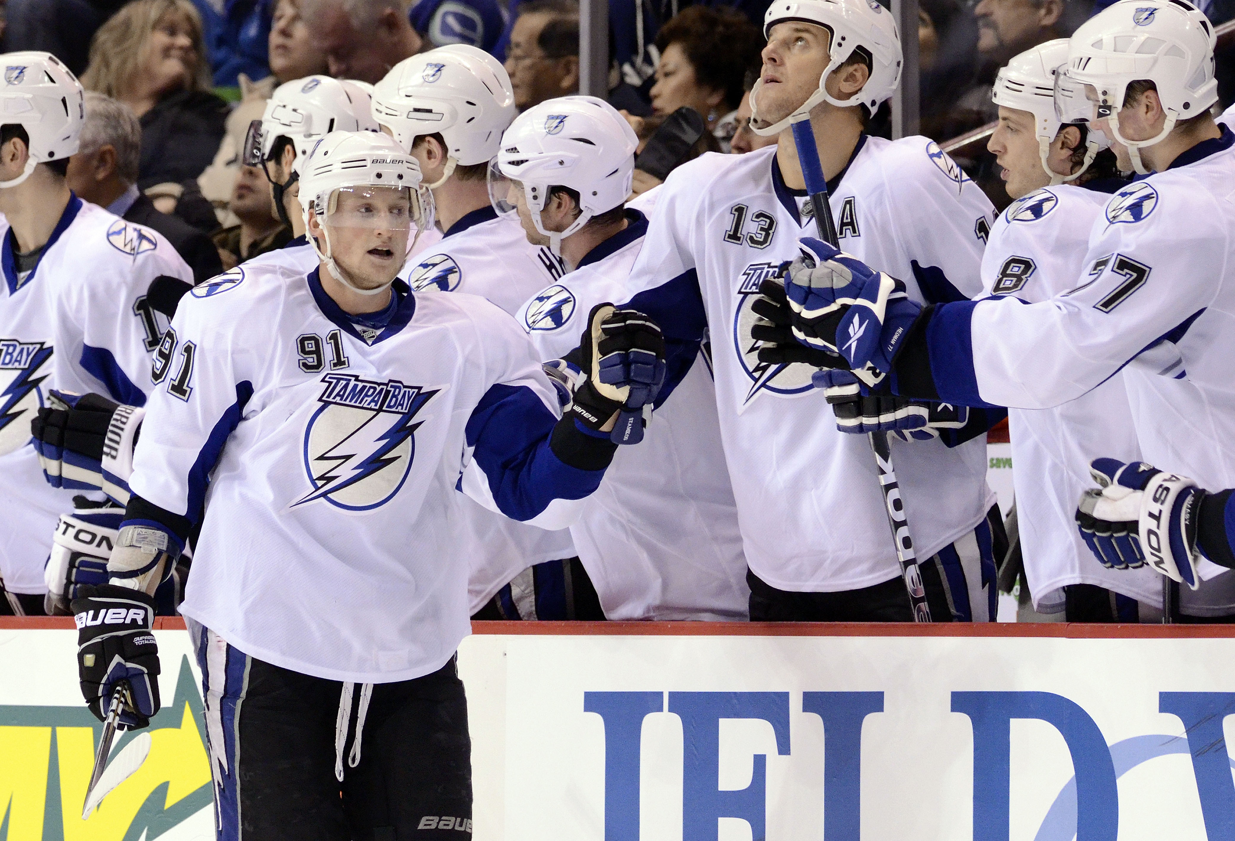 Tampa Bay Lightning Vincent Lecavalier (4) scores a goal during the third  period at the Continental Airlines Arena in East Rutherford New Jersey on  April 14, 2007. The Tampa Bay Lightning defeated