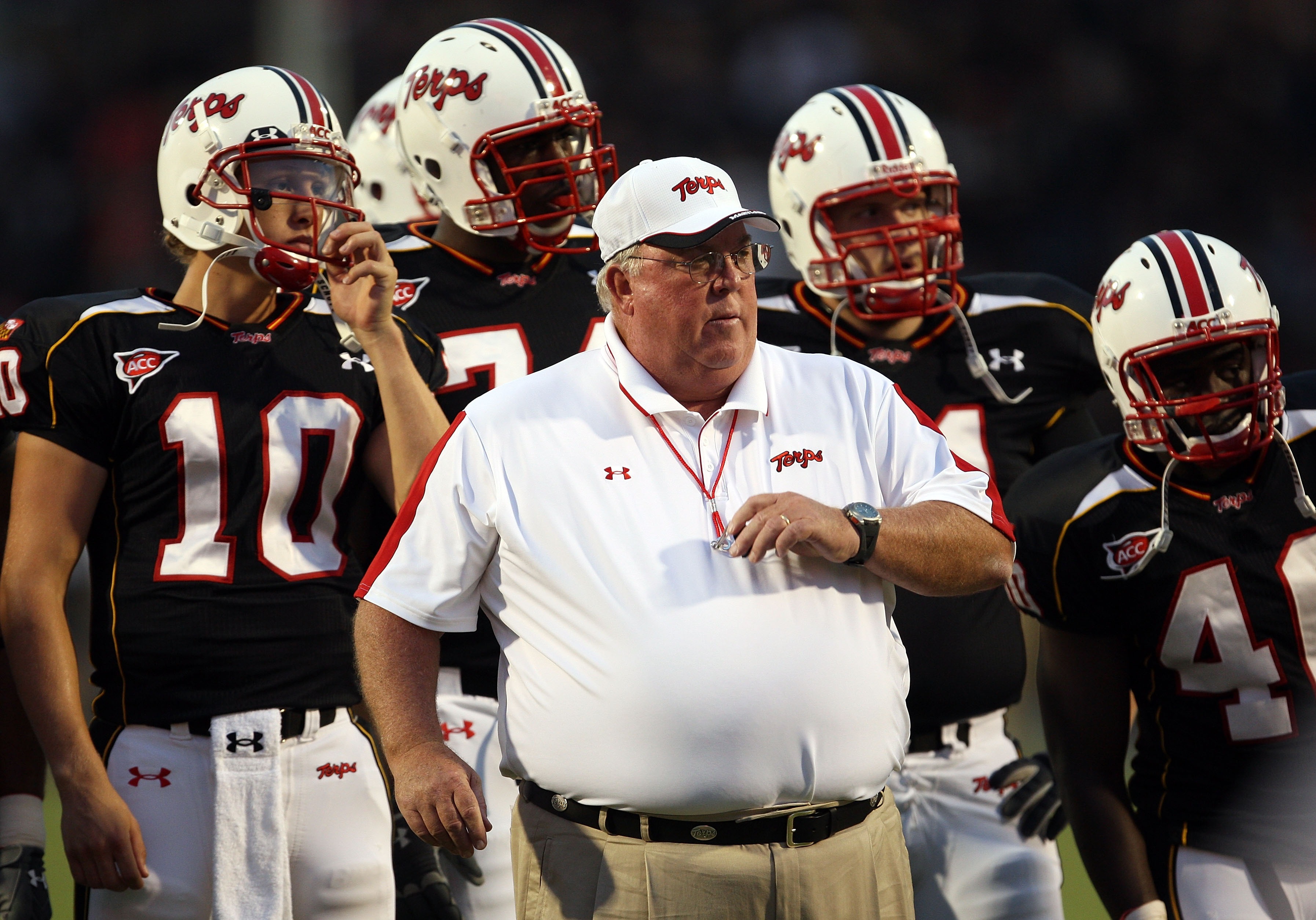 COLLEGE PARK, MD - SEPTEMBER 13:  Head coach Ralph Friedgen of the Maryland Terrapins watches player warm-ups prior to the game against the West Virginia Mountaineers on September 13, 2007 at Byrd Stadium in College Park, Maryland.  (Photo by Jamie Squire