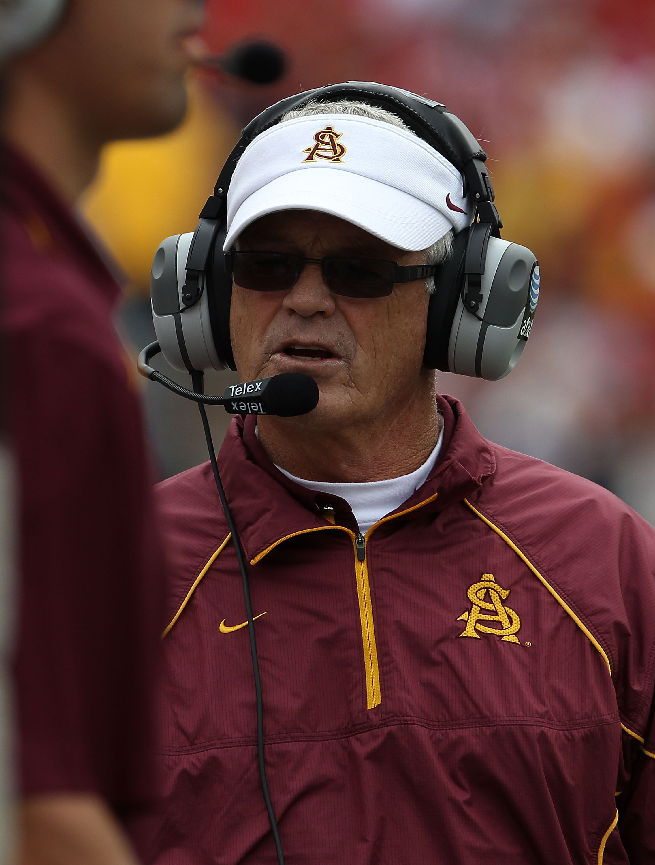 MADISON, WI - SEPTEMBER 18: Head coach Dennis Erickson of the Arizona State Sun Devils argues with a referee during a game against the Wisconsin Badgers at Camp Randall Stadium on September 18, 2010 in Madison, Wisconsin. Wisconsin defeated Arizona State