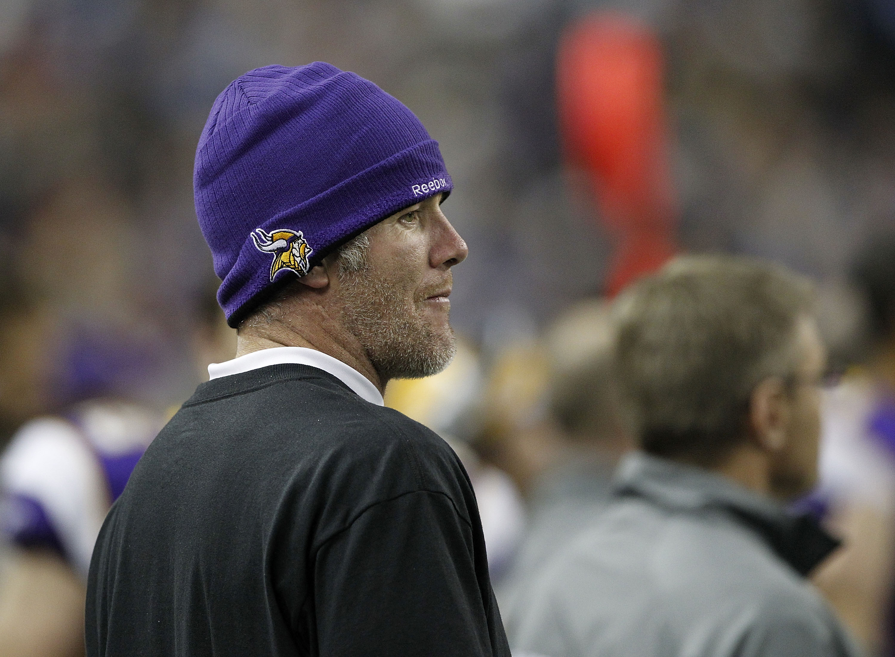 Quarterback Brett Favre #4 of the Minnesota Vikings watches the action during the game against the New York Giants at Ford Field on December 13, 2010 in Detroit, Michigan. The Giants defeated the Vikings 21-3. (Photo by Leon Halip/Getty Images)