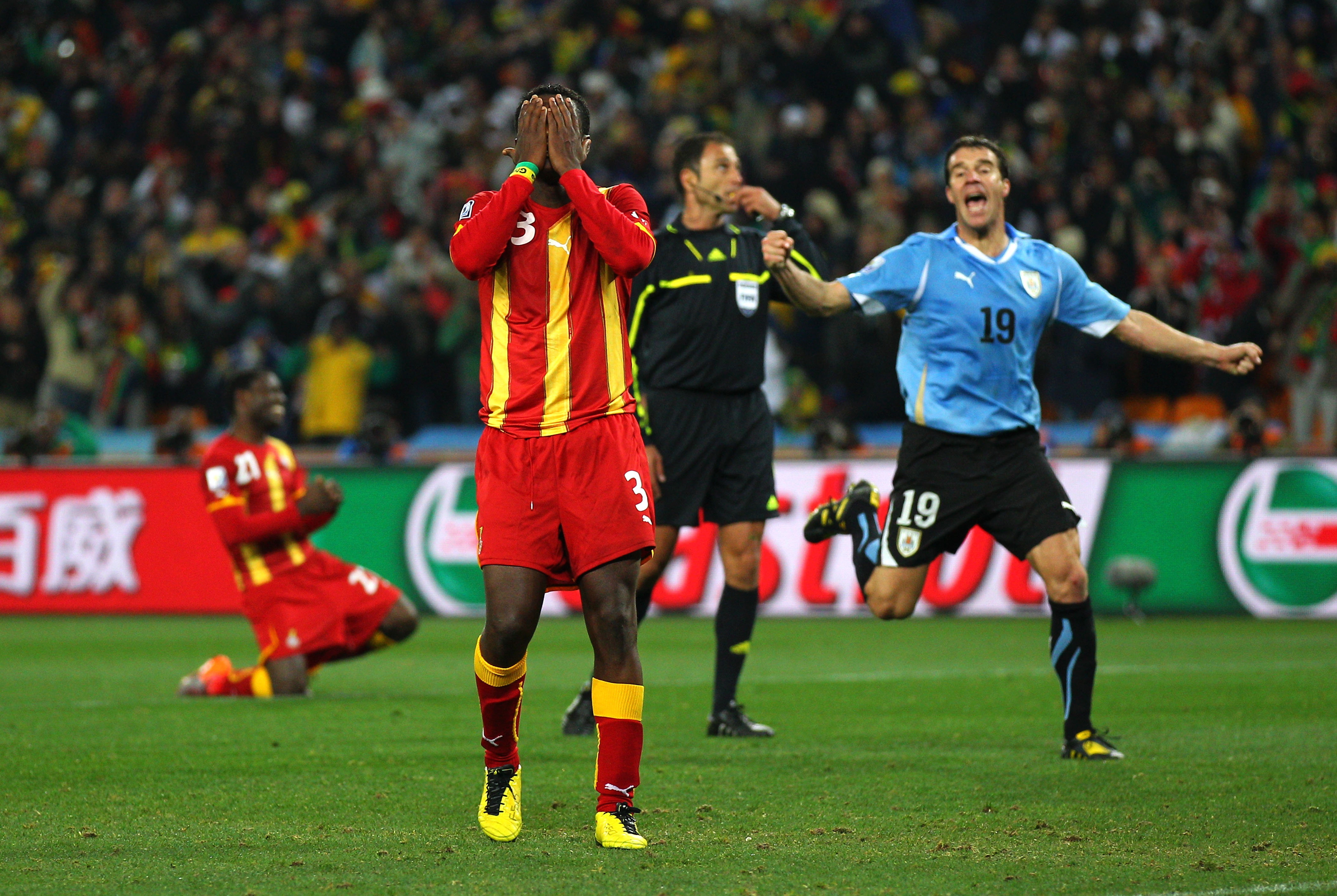 JOHANNESBURG, SOUTH AFRICA - JULY 02:  Asamoah Gyan of Ghana reacts as he misses a late penalty kick in extra time to win the match during the 2010 FIFA World Cup South Africa Quarter Final match between Uruguay and Ghana at the Soccer City stadium on Jul