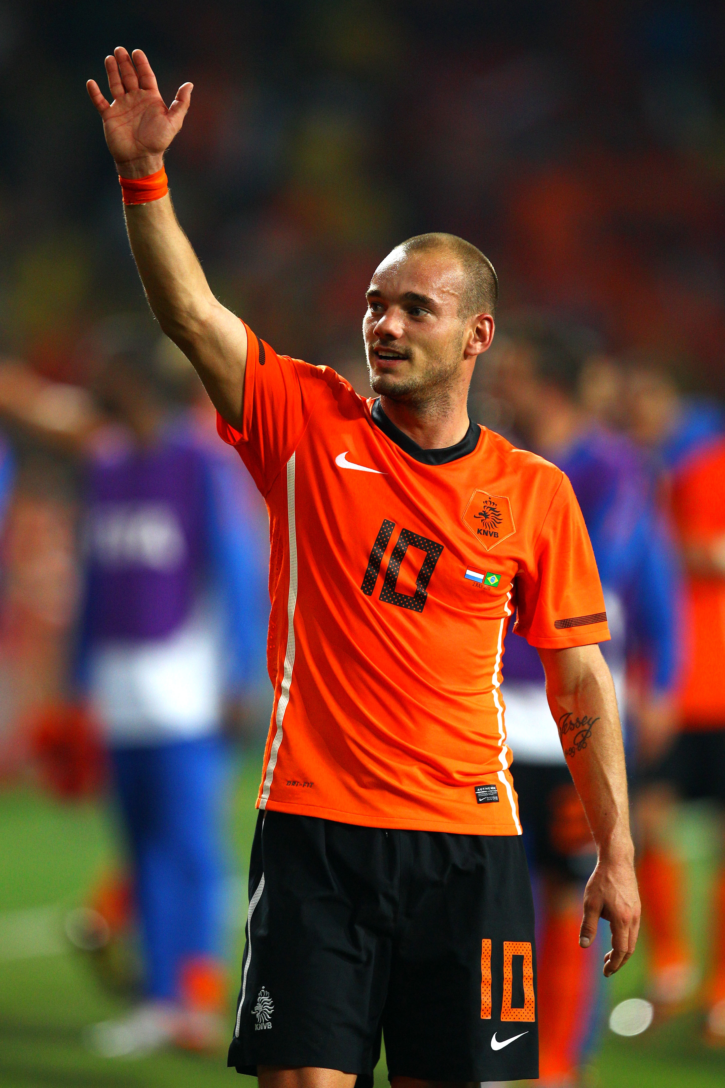 PORT ELIZABETH, SOUTH AFRICA - JULY 02:  Wesley Sneijder of the Netherlands celebrates victory following the 2010 FIFA World Cup South Africa Quarter Final match between Netherlands and Brazil at Nelson Mandela Bay Stadium on July 2, 2010 in Nelson Mandel