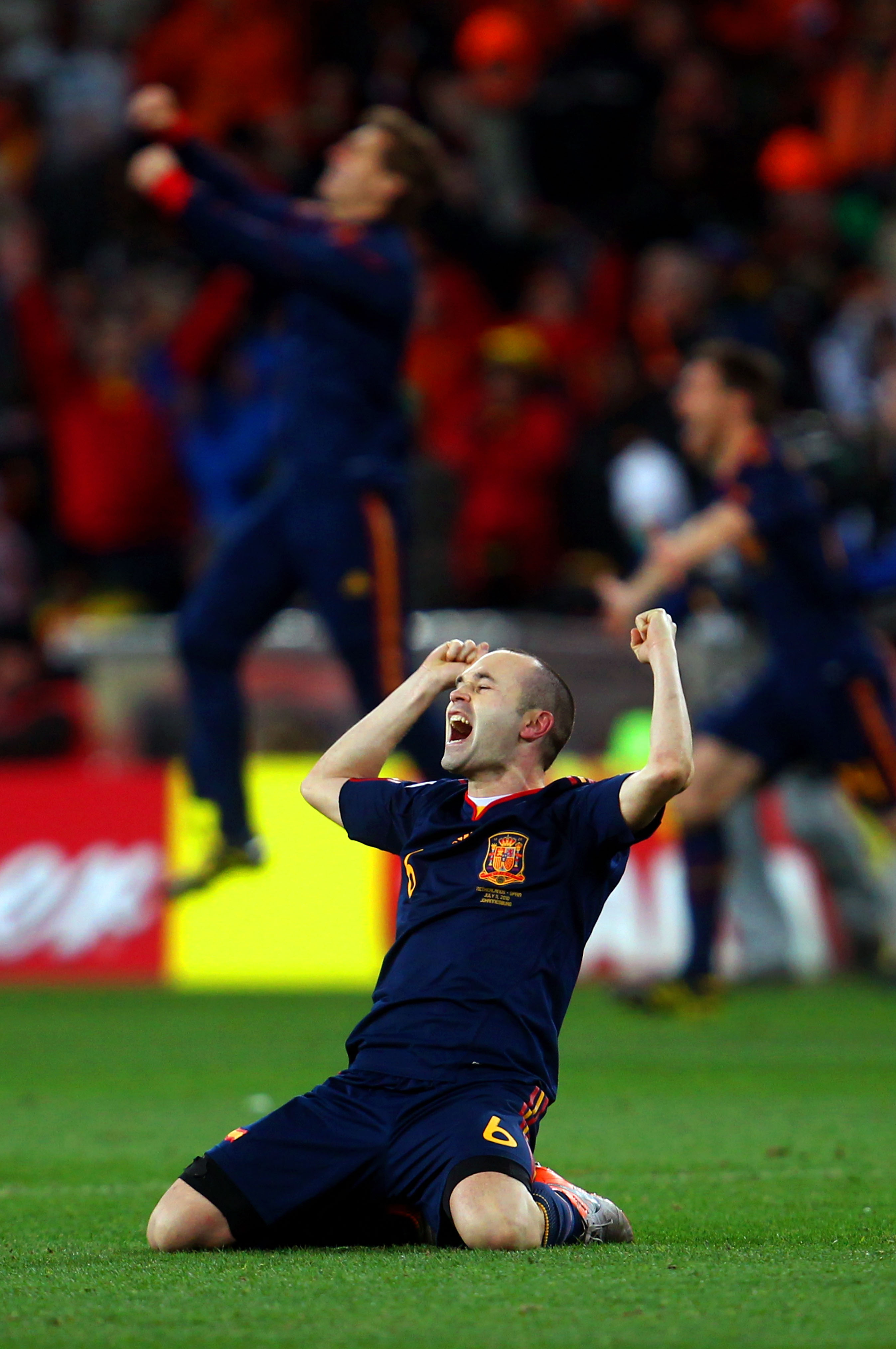JOHANNESBURG, SOUTH AFRICA - JULY 11:  Andres Iniesta of Spain celebrates after his goal seals victory during the 2010 FIFA World Cup South Africa Final match between Netherlands and Spain at Soccer City Stadium on July 11, 2010 in Johannesburg, South Afr