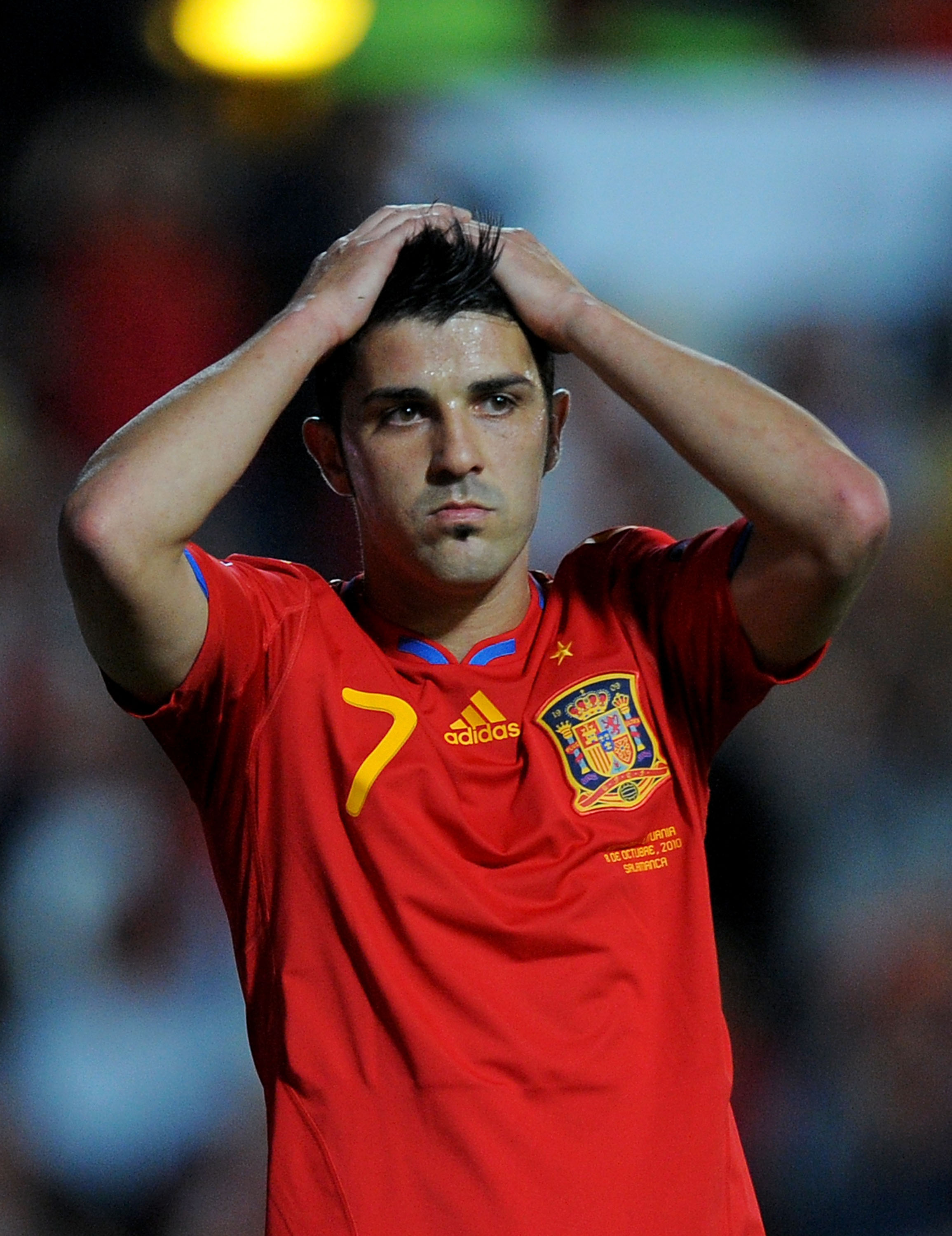 SALAMANCA, SPAIN - OCTOBER 08: David Villa of Spain reacts during the EURO 2012 Qualifying Group I match between Spain and Lithuania at the Helmantico stadium on October 8, 2010 in Salamanca, Spain.  (Photo by Denis Doyle/Getty Images)