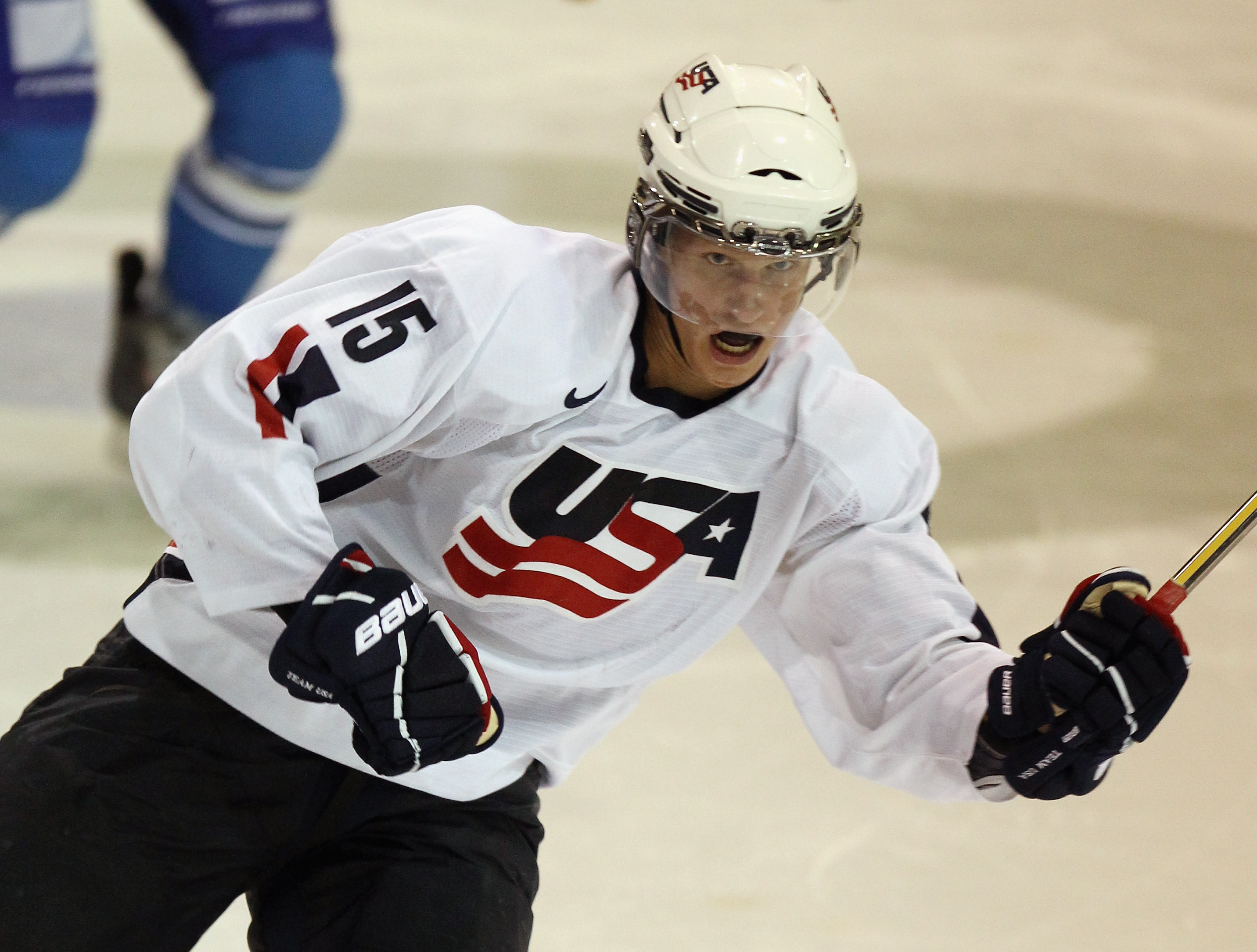 LAKE PLACID, NY - AUGUST 04: Nick Bjugstad #15 of Team USA skates against Team Finland at the USA Hockey National Evaluation Camp on August 4, 2010 in Lake Placid, New York. The USA defeated Finland 6-3. (Photo by Bruce Bennett/Getty Images)