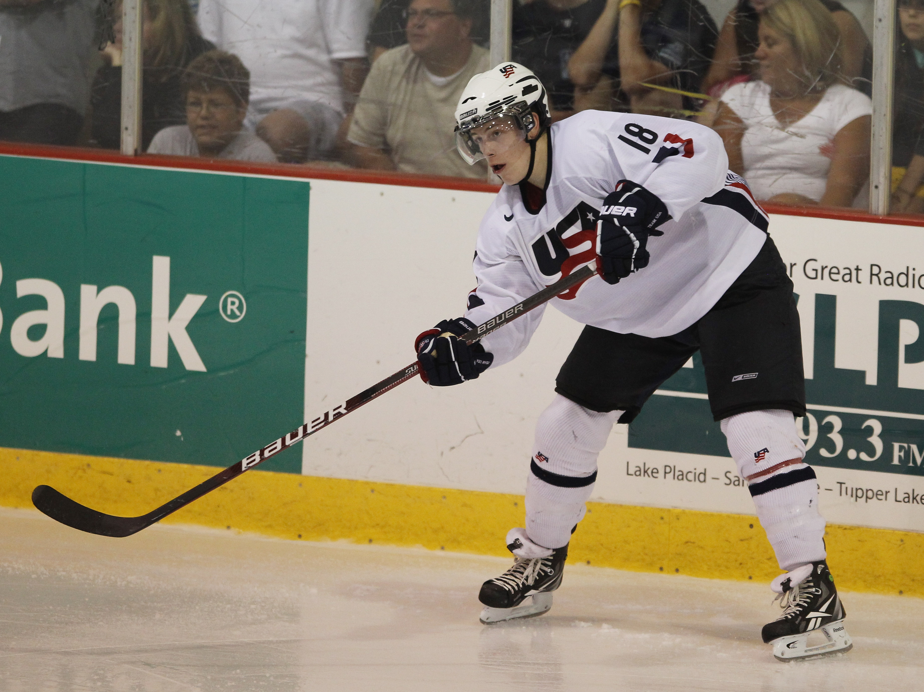 LAKE PLACID, NY - AUGUST 04: Charlie Coyle #18 of Team USA skates against Team Finland at the USA Hockey National Evaluation Camp on August 4, 2010 in Lake Placid, New York. The USA defeated Finland 6-3. (Photo by Bruce Bennett/Getty Images)