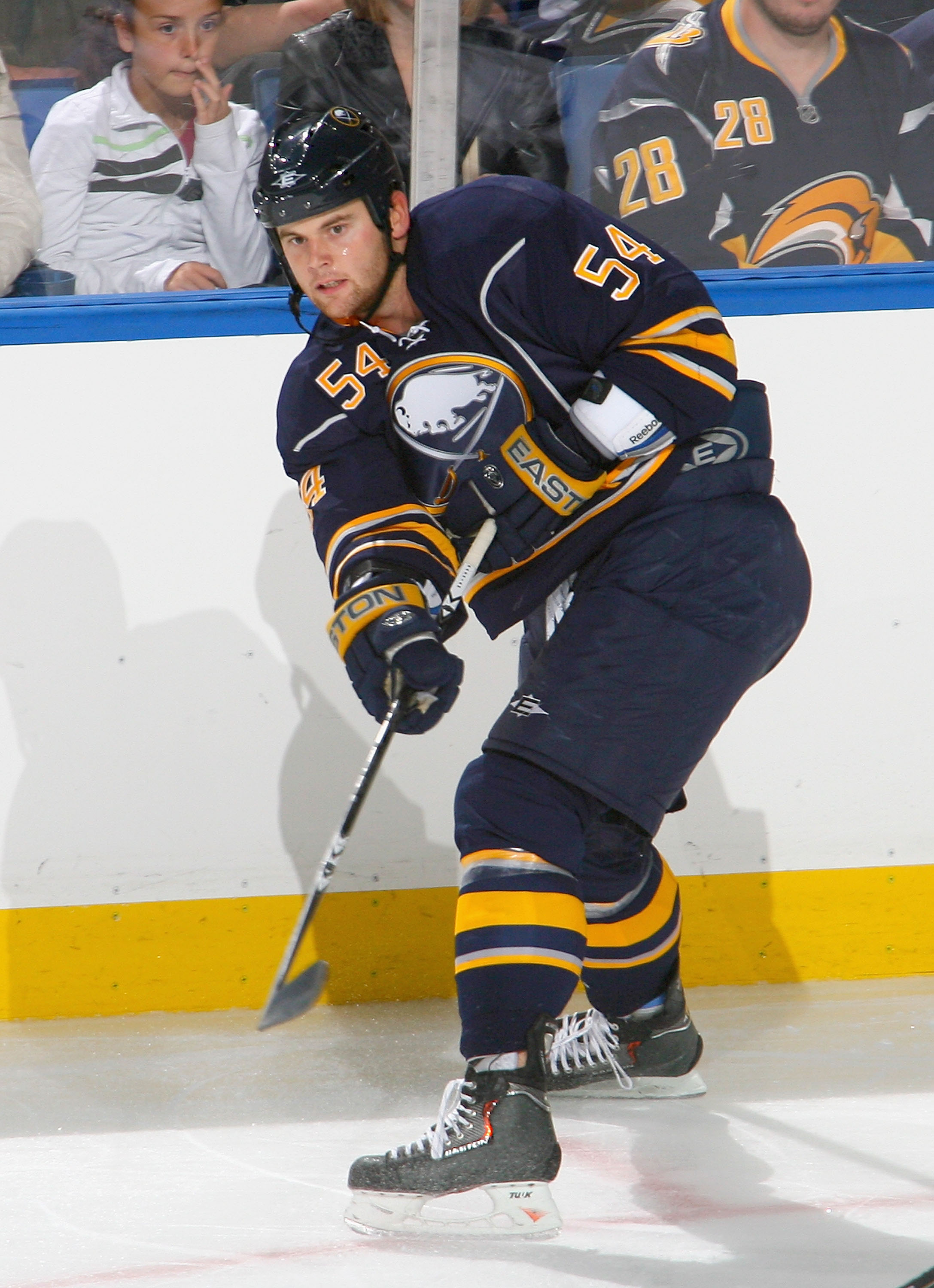 BUFFALO, NY - SEPTEMBER 25: Zack Kassian #54 of the Buffalo Sabres makes a pass against the Toronto Maple Leafs at HSBC Arena on September 25, 2010 in Buffalo, New York. (Photo by Rick Stewart/Getty Images)