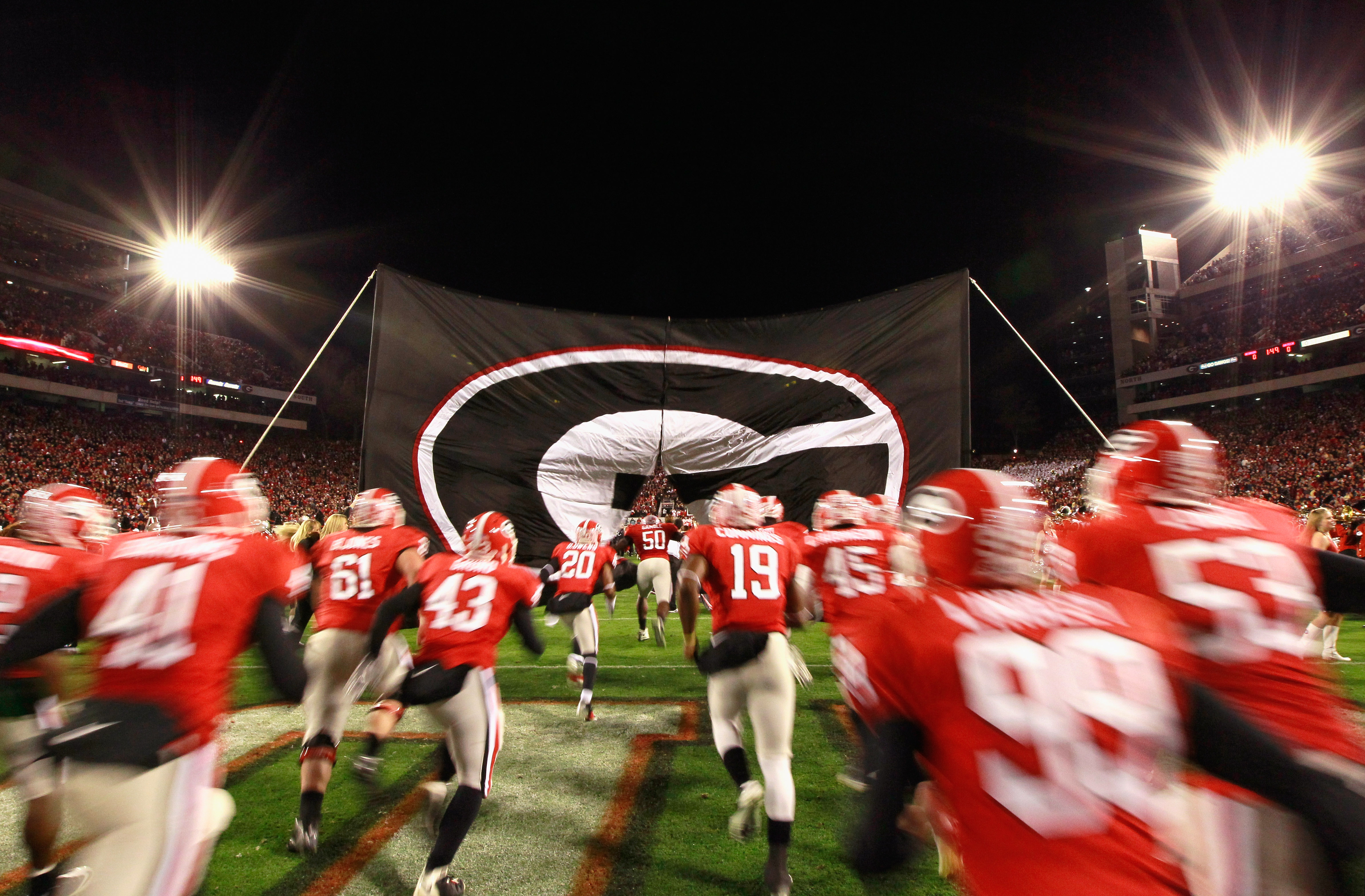 ATHENS, GA - NOVEMBER 27:  The Georgia Bulldogs enter the field to face the Georgia Tech Yellow Jackets at Sanford Stadium on November 27, 2010 in Athens, Georgia.  (Photo by Kevin C. Cox/Getty Images)