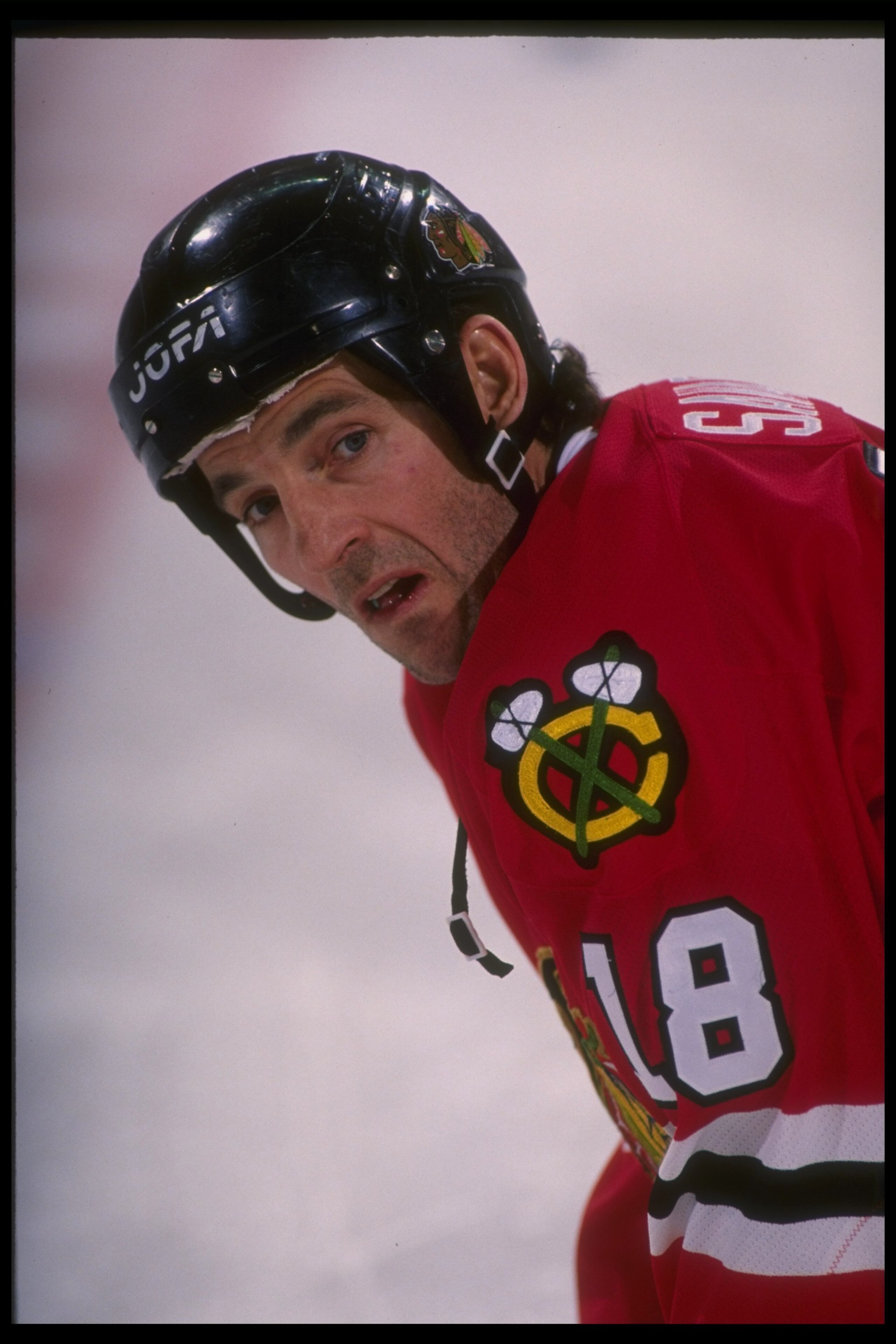 29 Dec 1995:  Center Denis Savard of the Chicago Blackhawks looks on during a game against the Buffalo Sabres at Memorial Auditorium in Buffalo, New York.  The Blackhawks won the game, 5-2. Mandatory Credit: Rick Stewart  /Allsport
