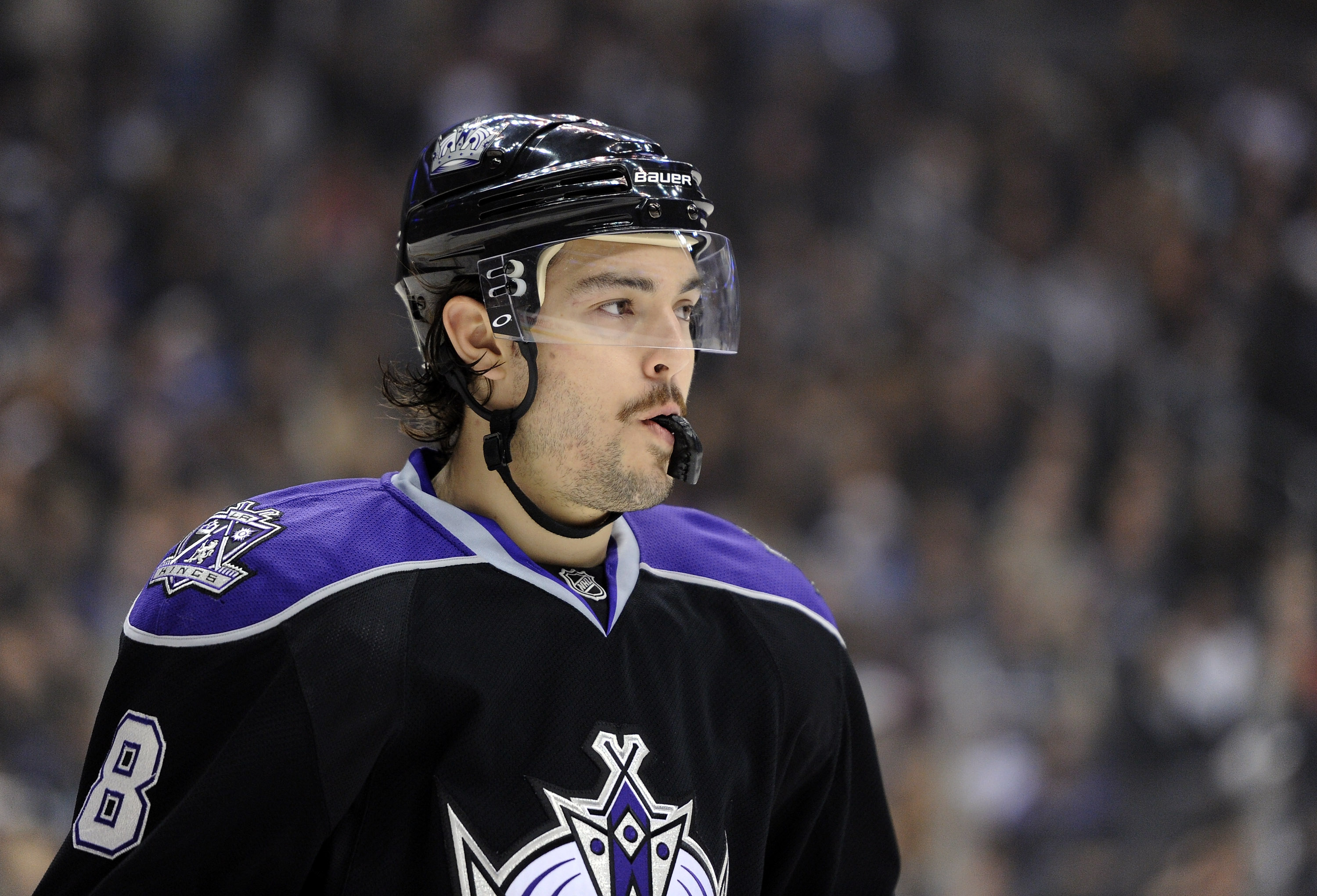 LOS ANGELES, CA - NOVEMBER 27:  Drew Doughty #8 of the Los Angeles Kings waits before the syart of the game against the Chicago Blackhawks at Staples Center on November 27, 2010 in Los Angeles, California.  (Photo by Harry How/Getty Images)