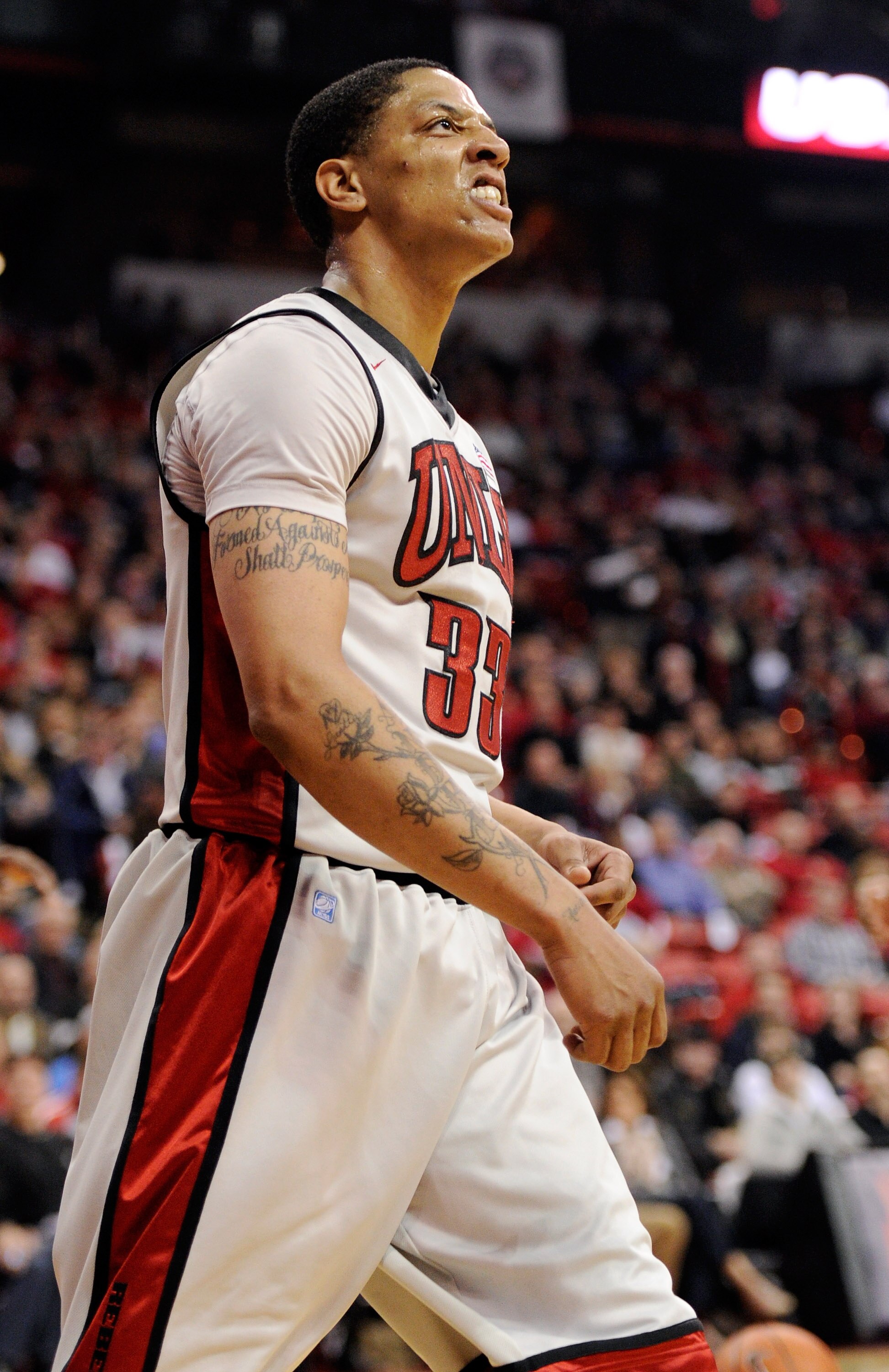 LAS VEGAS, NV - FEBRUARY 02:  Tre'Von Willis #33 of the UNLV Rebels reacts after getting fouled during a game against the Utah Utes at the Thomas & Mack Center February 2, 2011 in Las Vegas, Nevada. UNLV won 67-54.  (Photo by Ethan Miller/Getty Images)
