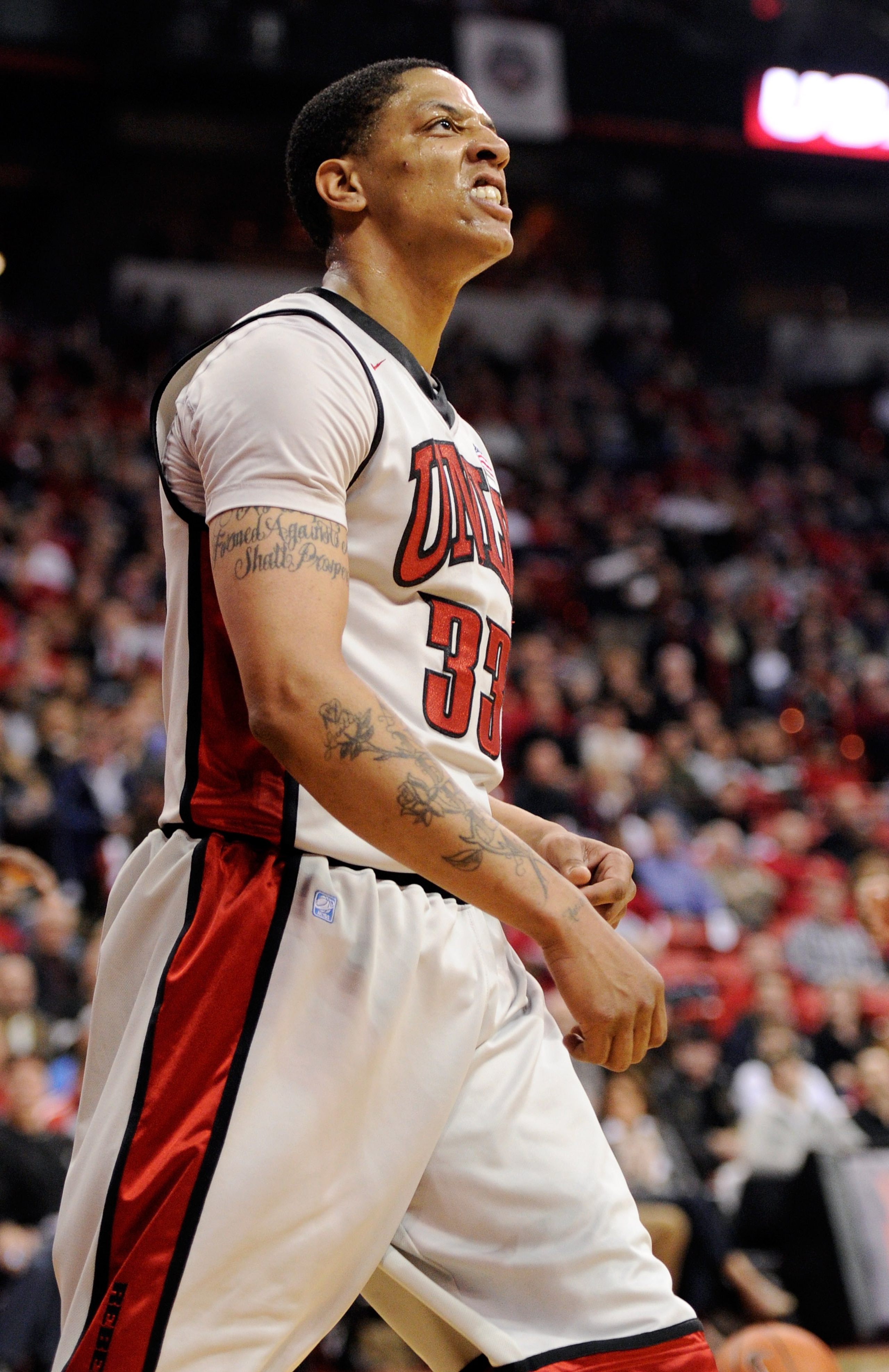 LAS VEGAS, NV - FEBRUARY 02:  Tre'Von Willis #33 of the UNLV Rebels reacts after getting fouled during a game against the Utah Utes at the Thomas & Mack Center February 2, 2011 in Las Vegas, Nevada. UNLV won 67-54.  (Photo by Ethan Miller/Getty Images)