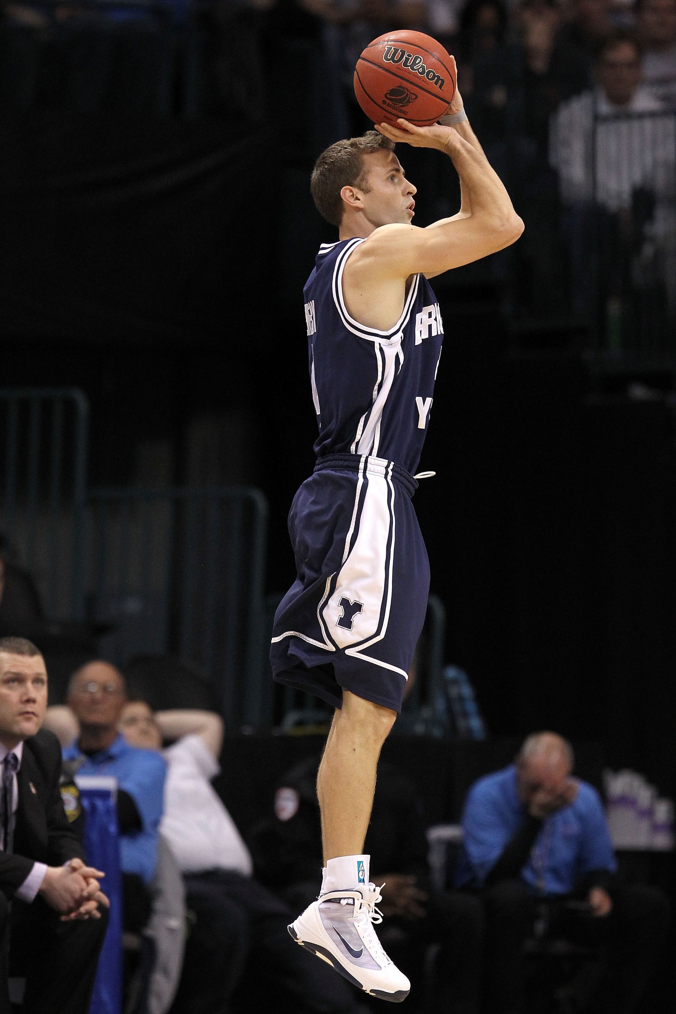OKLAHOMA CITY - MARCH 20:  Jackson Emery #4 of the Brigham Young Cougars attempts a shot against the Kansas State Wildcats during the second round of the 2010 NCAA men's basketball tournament at Ford Center on March 20, 2010 in Oklahoma City, Oklahoma.  (