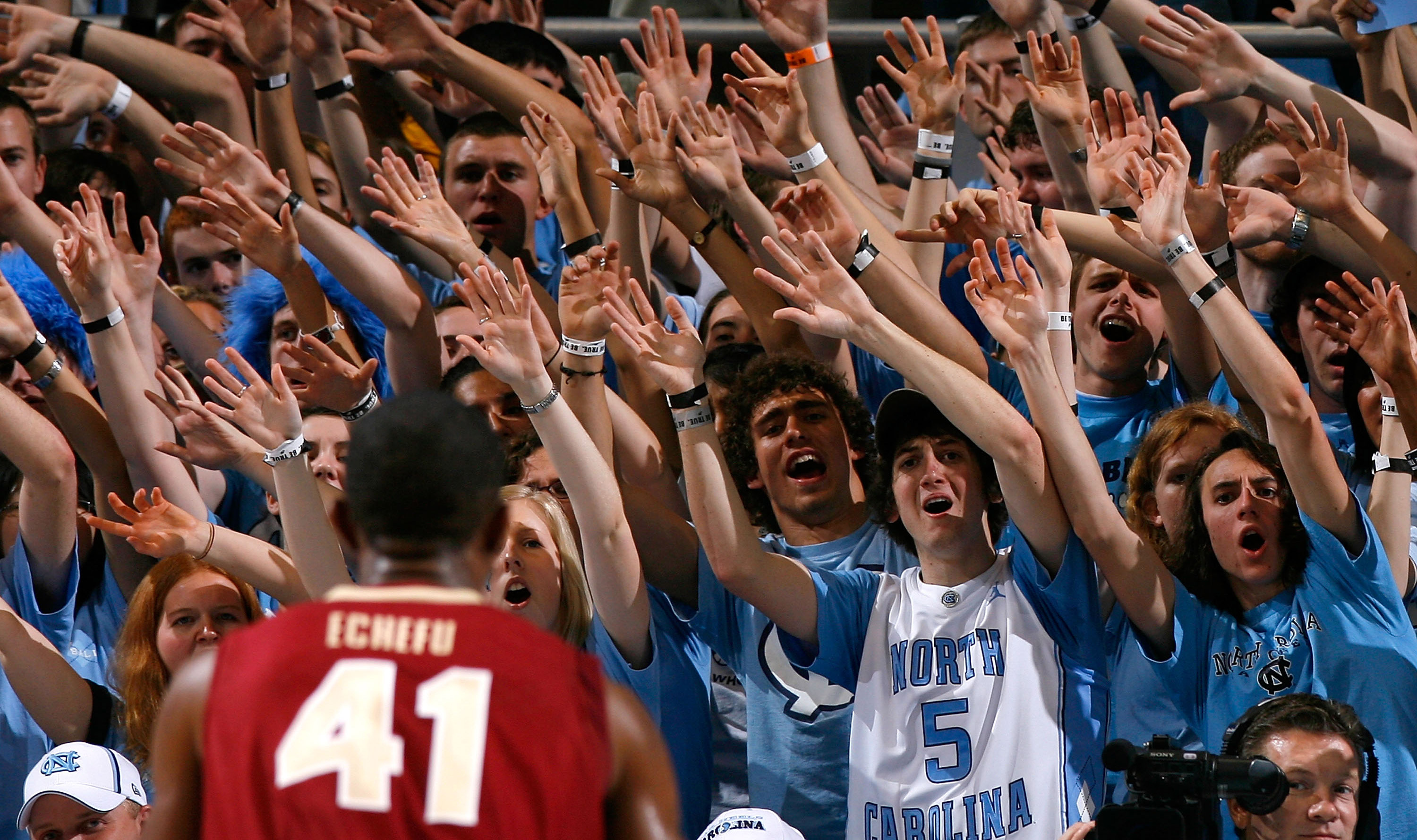 CHAPEL HILL, NC - MARCH 04:  The North Carolina Tar Heel fans heckle Uche Echefu #41 of the Florida State Seminoles during the first half at the Dean E. Smith Center on March 4, 2008 in Chapel Hill, North Carolina.  North Carolina defeated Florida State 9