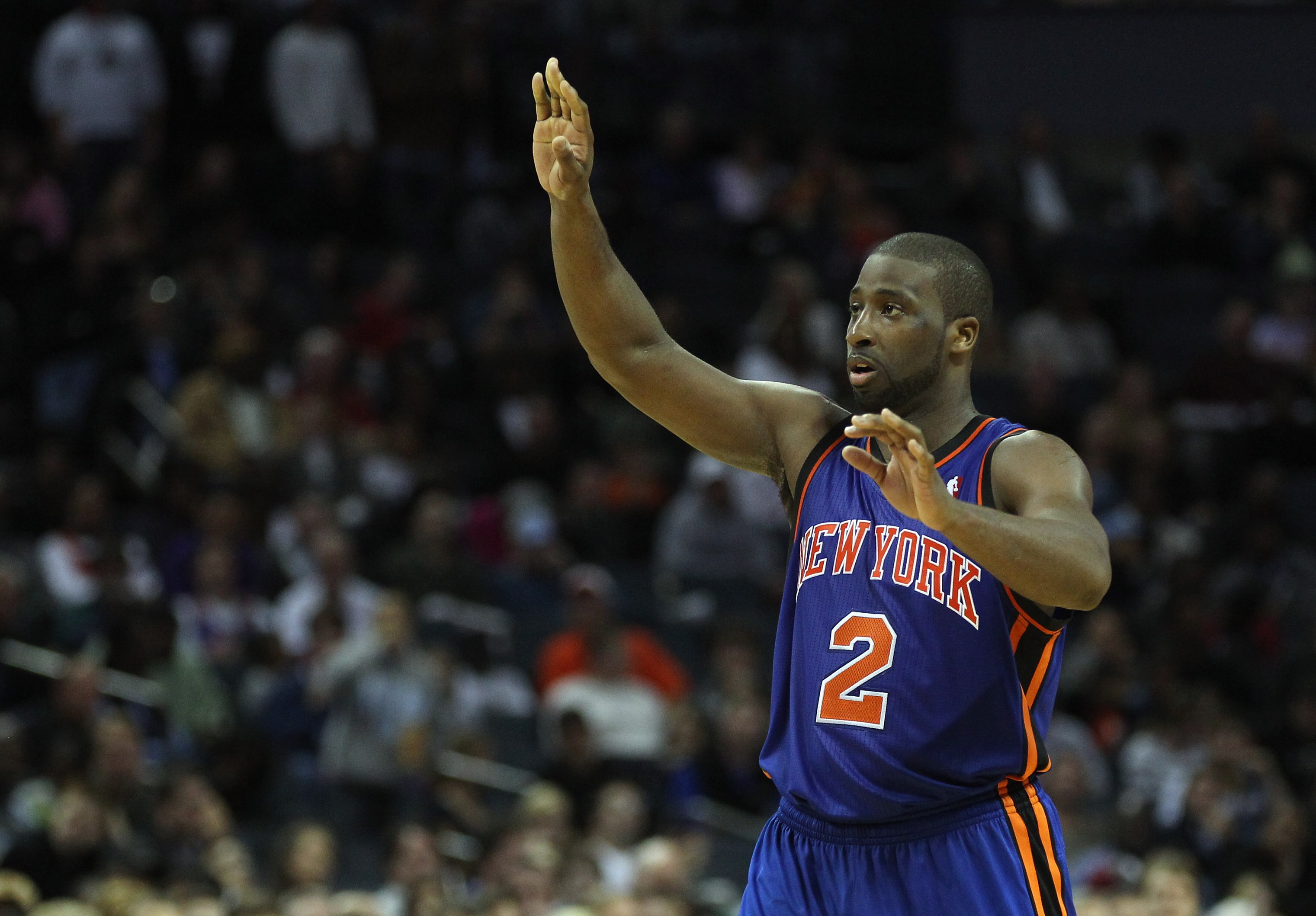 CHARLOTTE, NC - NOVEMBER 24:  Raymond Felton #2 of the New York Knicks against the Charlotte Bobcats at Time Warner Cable Arena on November 24, 2010 in Charlotte, North Carolina.  NOTE TO USER: User expressly acknowledges and agrees that, by downloading a