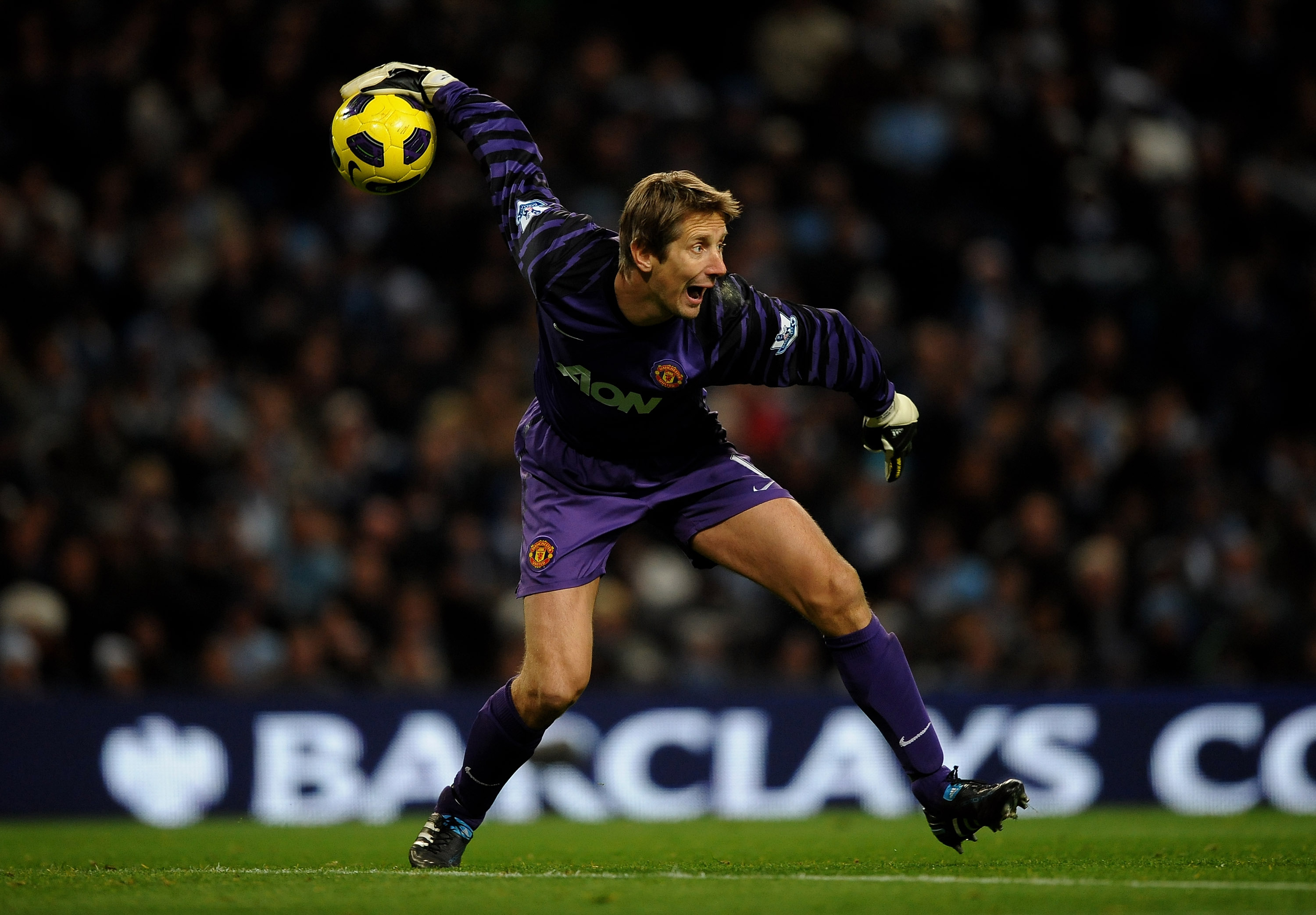MANCHESTER, ENGLAND - NOVEMBER 10:   Edwin van der Sar of Manchester United  in action during the Barclays Premier League match between Manchester City and Manchester United at the City of Manchester Stadium on November 10, 2010 in Manchester, England.  (