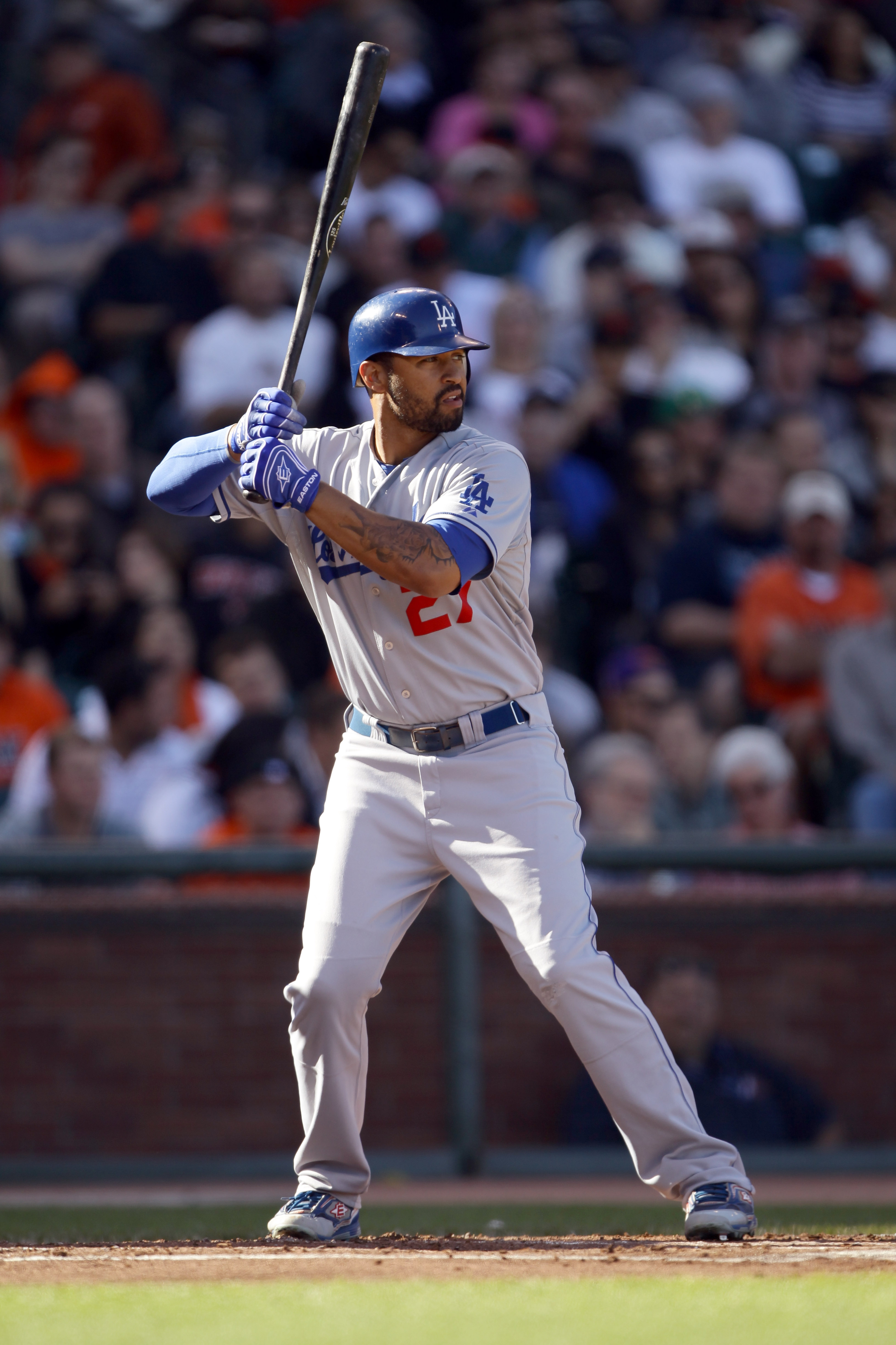 SAN FRANCISCO - AUGUST 01:  Matt Kemp #27 of the Los Angeles Dodgers bats against the San Francisco Giants at AT&T Park on August 1, 2010 in San Francisco, California.  (Photo by Ezra Shaw/Getty Images)