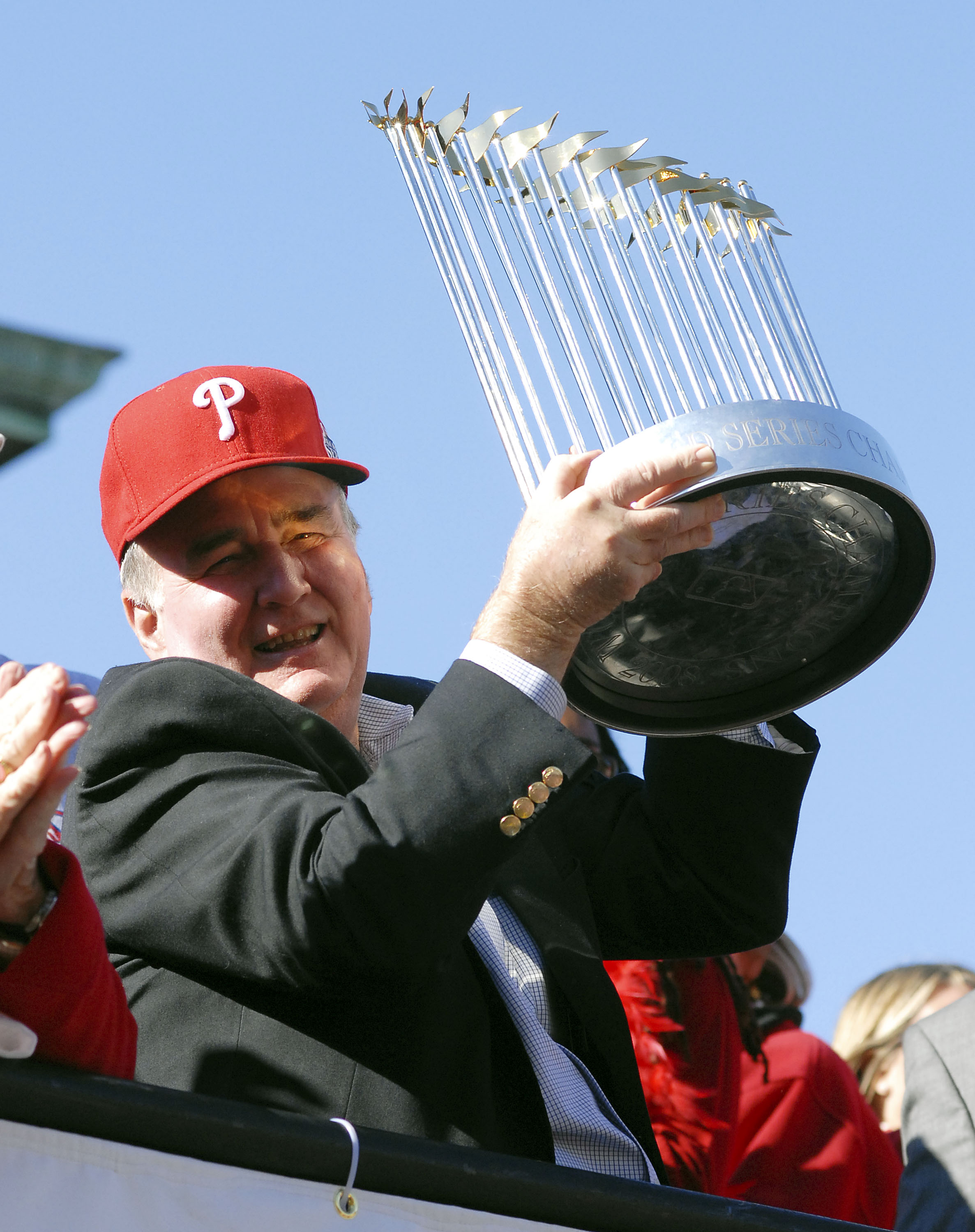 PHILADELPHIA, PA - OCTOBER 31: Philadelphia Phillies President Dave Montgomery hold the World Series trophy during the World Championship Parade October 31, 2008 in Philadelphia, Pennsylvania. The Phillies defeated the Tampa Bay Rays to win their first Wo