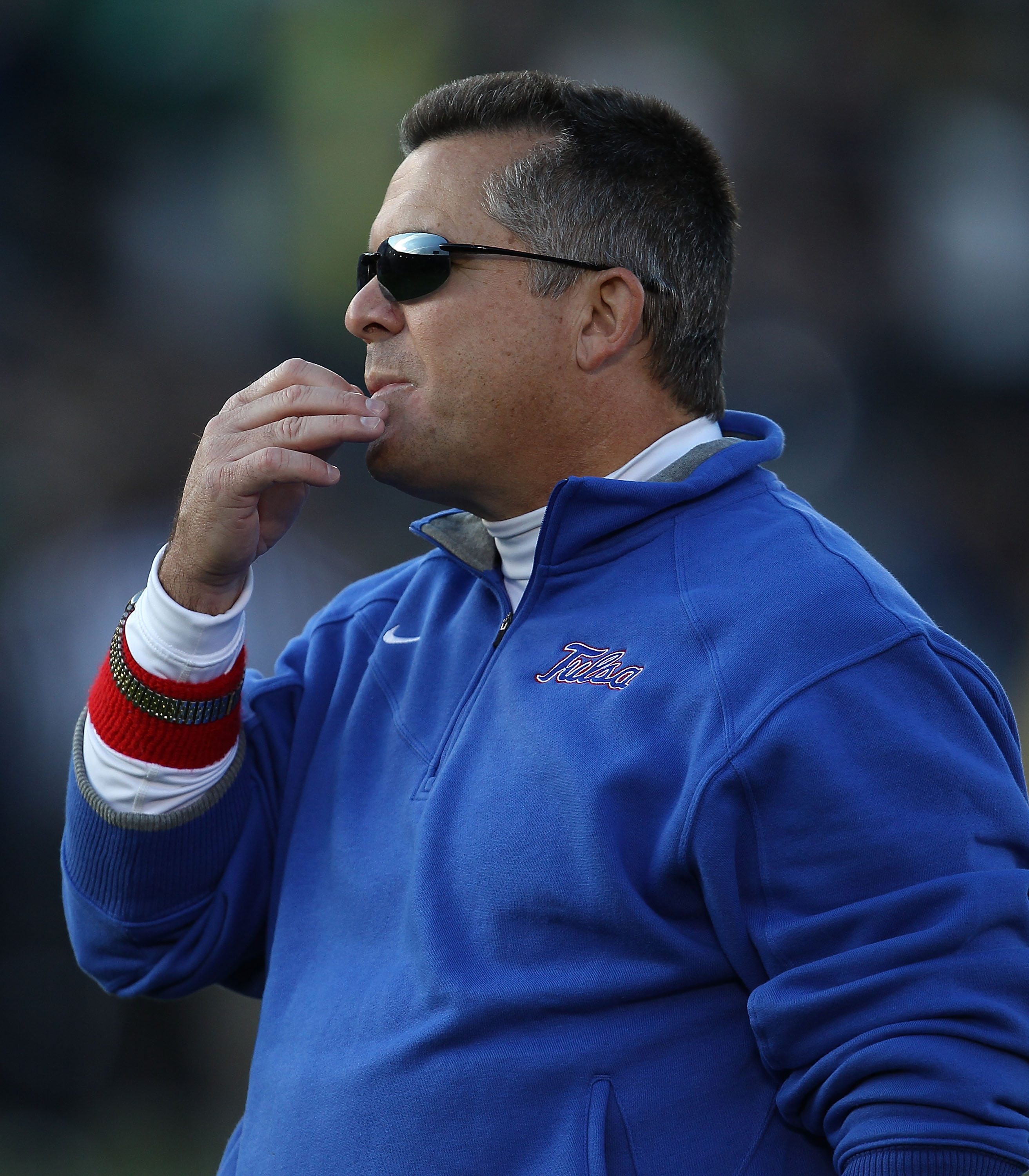 SOUTH BEND, IN - OCTOBER 30: Head coach Todd Graham of the Tulsa Golden Hurricane watches as his team takes on the Notre Dame Fighting Irish at Notre Dame Stadium on October 30, 2010 in South Bend, Indiana. Tulsa defeated Notre Dame 28-27. (Photo by Jonat
