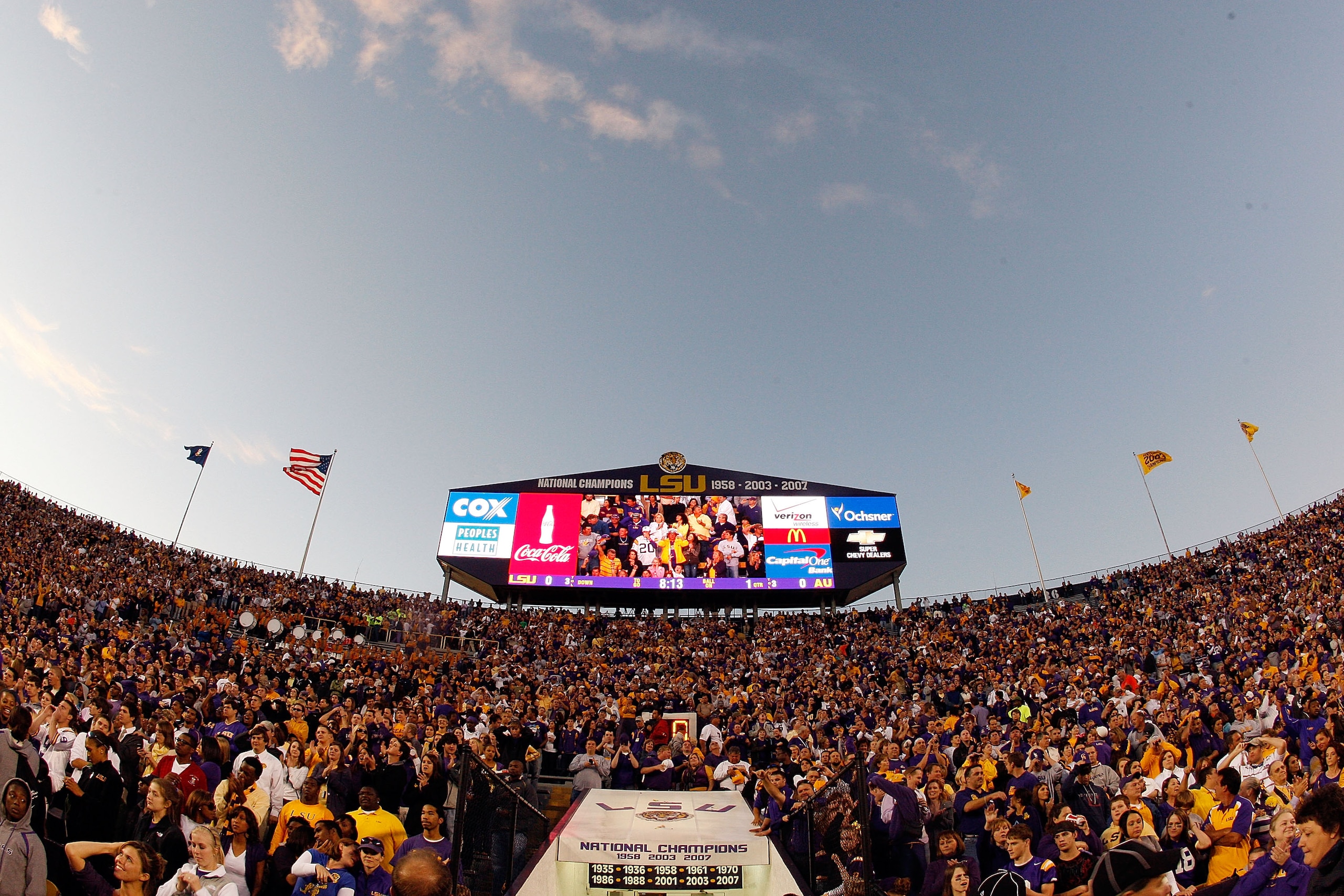 BATON ROUGE, LA - OCTOBER 24: Fans of the Louisiana State University Tigers cheer during pregame before playing the Auburn Tigers at Tiger Stadium on October 24, 2009 in Baton Rouge, Louisiana. (Photo by Chris Graythen/Getty Images) BATON ROUGE, LA - OCTOBER 24: Fans of the Louisiana State University Tigers cheer during pregame before playing the Auburn Tigers at Tiger Stadium on October 24, 2009 in Baton Rouge, Louisiana. (Photo by Chris Graythen/Getty Images)