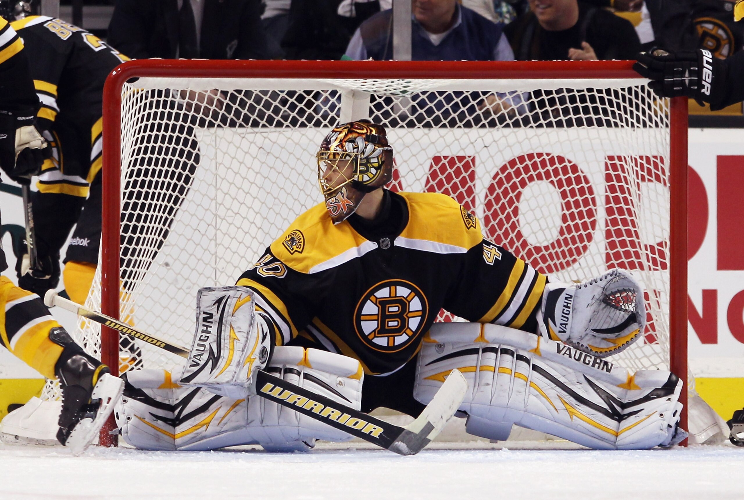 BOSTON - OCTOBER 23: Tuukka Rask #40 of the Boston Bruins spreads out to cover the net in his game against the New York Rangers at the TD Garden on October 23, 2010 in Boston, Massachusetts. The Rangers defeated the Bruins 3-2. (Photo by Bruce Bennett/Get
