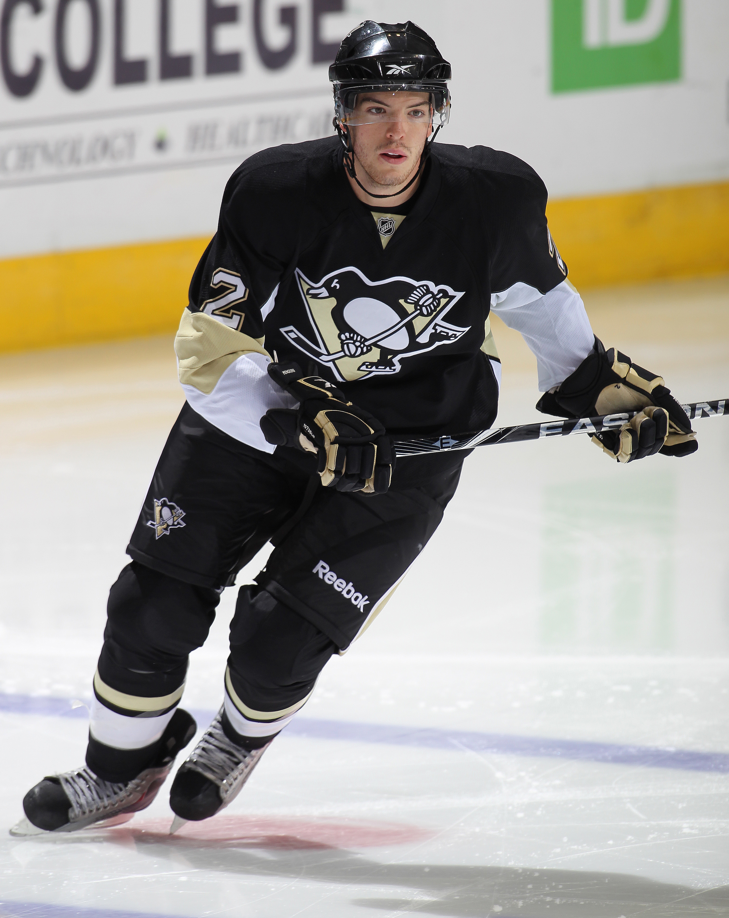 LONDON,ON - SEPTEMBER 14: Simon Despres #2 of the Pittsburgh Penguins skates in a game against the Chicago Black Hawks during the NHL Rookie Tournament on September 14,2010 at the John Labatt Centre in London,Ontario. The Hawks defeated the Penguins 9-5.
