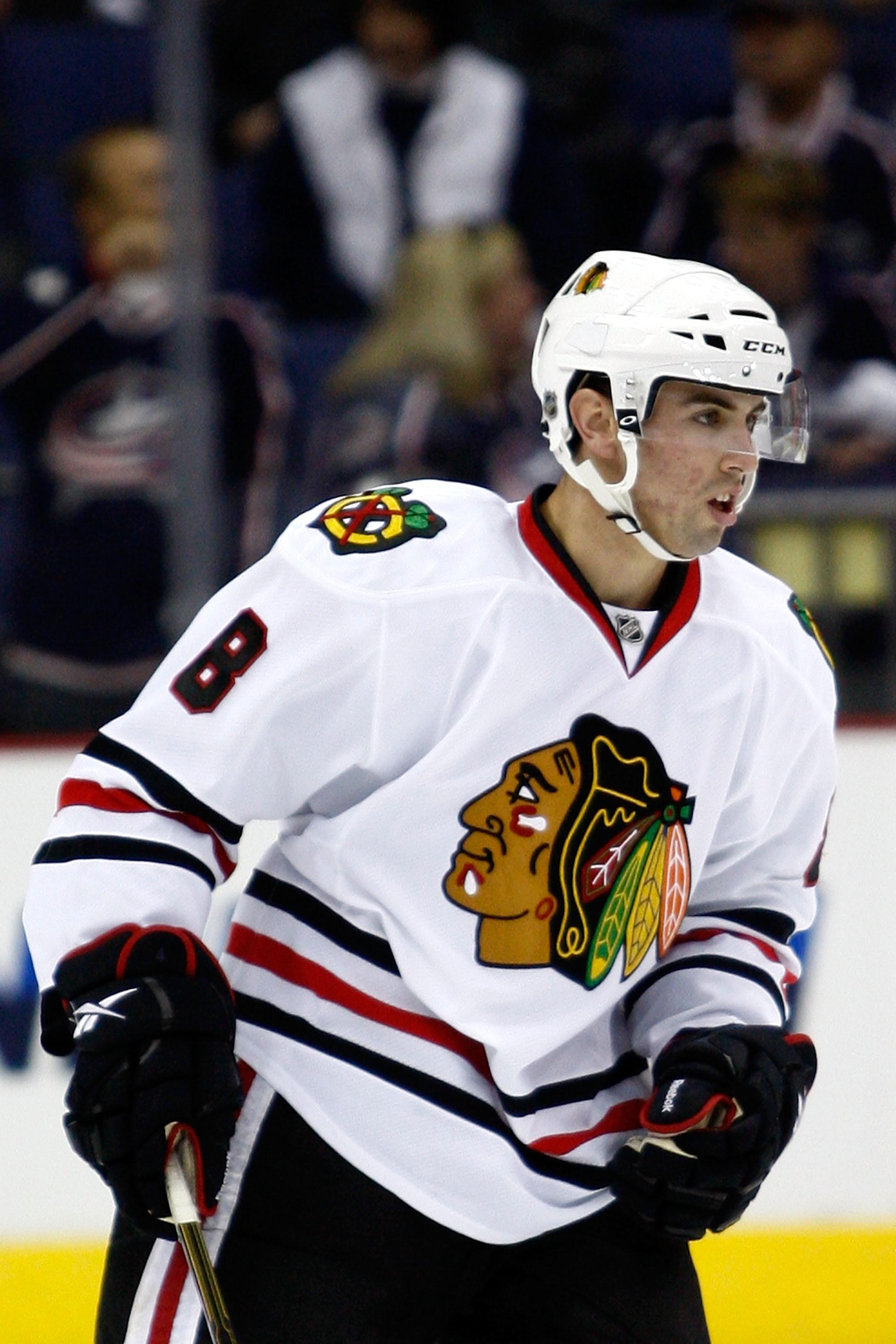 COLUMBUS,OH - October 15: Nick Leddy #8 of the Chicago Blackhawks skates with the puck during warm ups prior to the start of their game against the Columbus Blue Jackets on October 15, 2010 at Nationwide Arena in Columbus, Ohio. (Photo by John Grieshop/