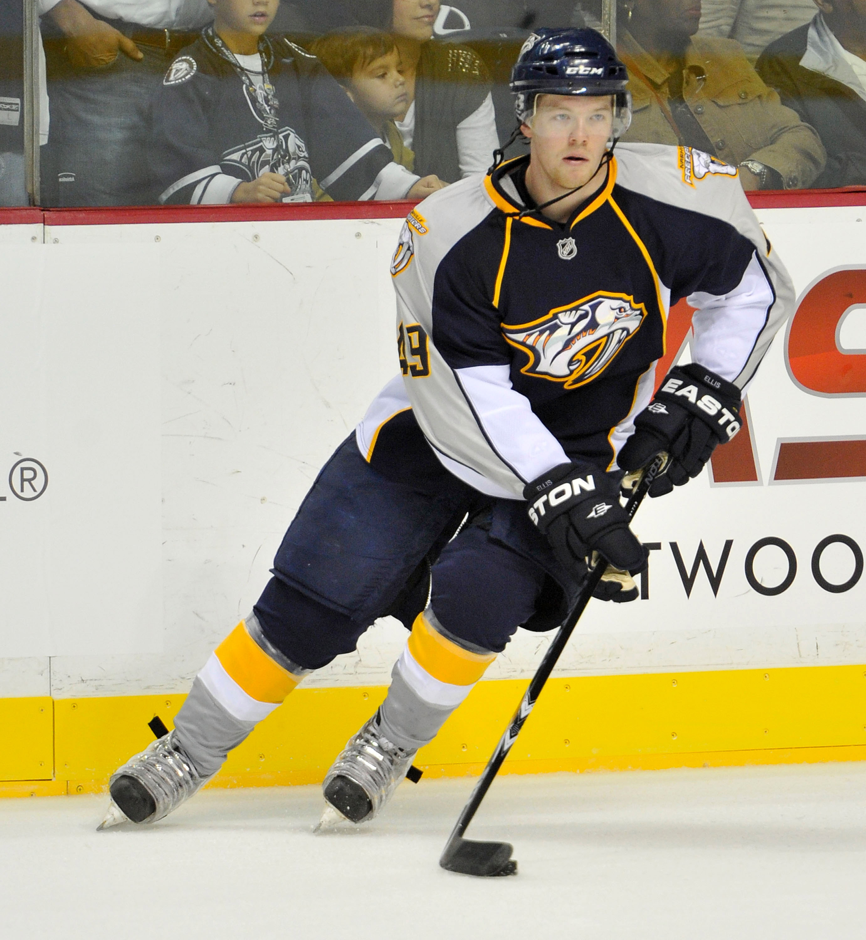 NASHVILLE, TN - SEPTEMBER 23: Ryan Ellis #49 of the Nashville Predators skates against the Carolina Hurricanes at Bridgestone Arena on September 23, 2010 in Nashville, Tennessee. (Photo by Frederick Breedon/Getty Images)