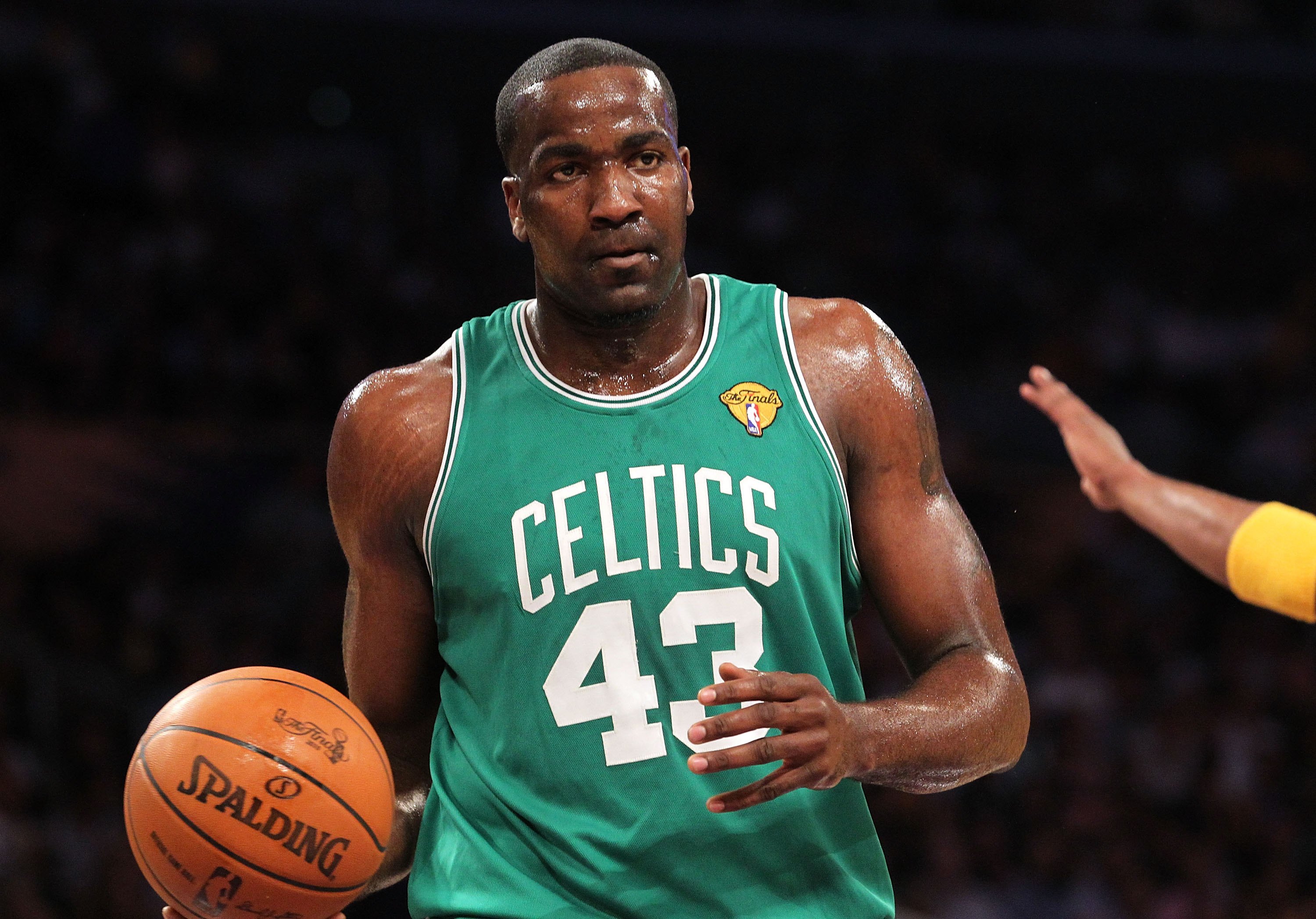 LOS ANGELES, CA - JUNE 15:  Kendrick Perkins #43 of the Boston Celtics looks on while taking on the Los Angeles Lakers in Game Six of the 2010 NBA Finals at Staples Center on June 15, 2010 in Los Angeles, California.  NOTE TO USER: User expressly acknowle