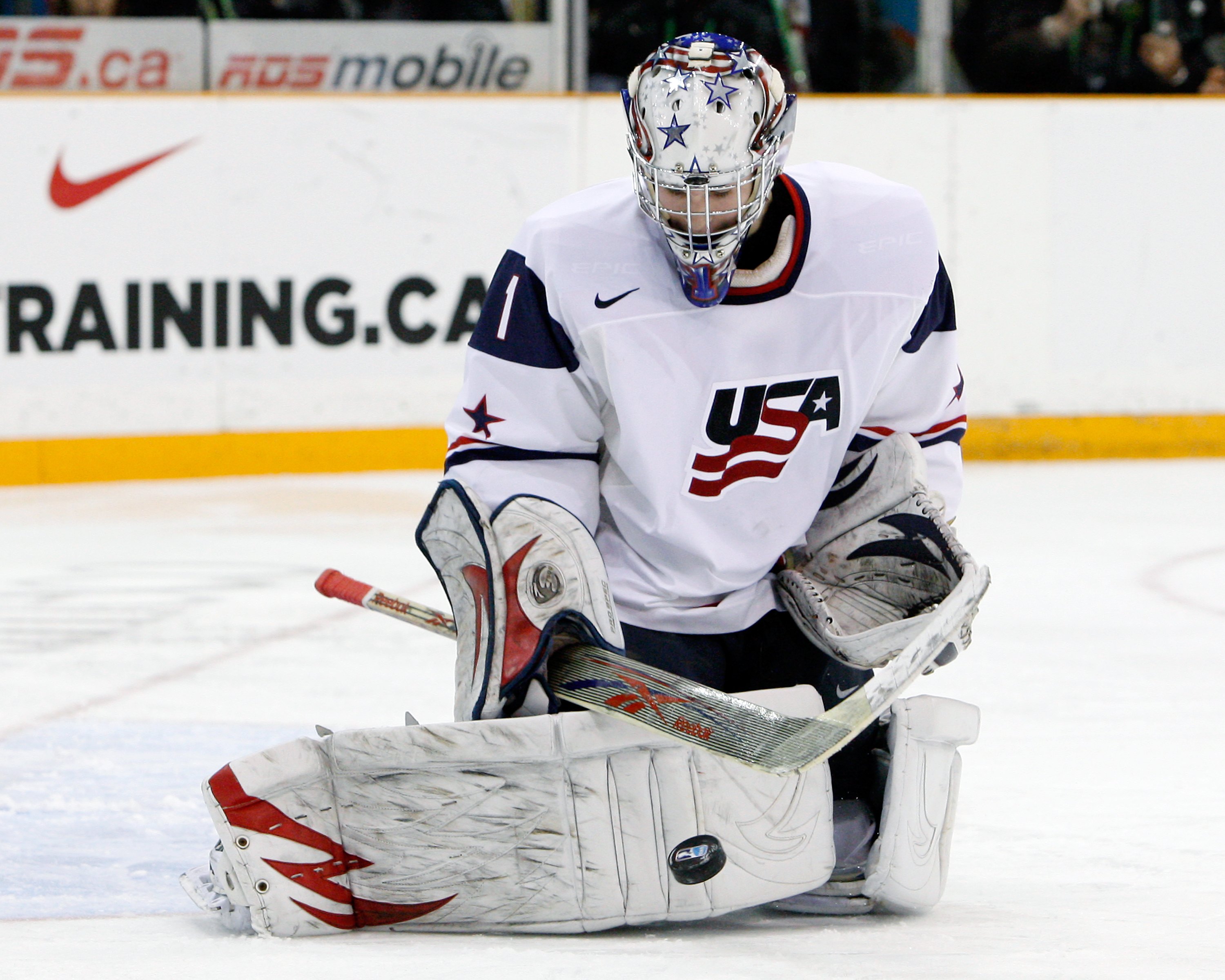 SASKATOON, SK - JANUARY 5: Jack Campbell #1 of Team USA stops the puck during the 2010 IIHF World Junior Championship Tournament Gold Medal game against Team Canada on January 5, 2010 at the Credit Union Centre in Saskatoon, Saskatchewan, Canada. Team U