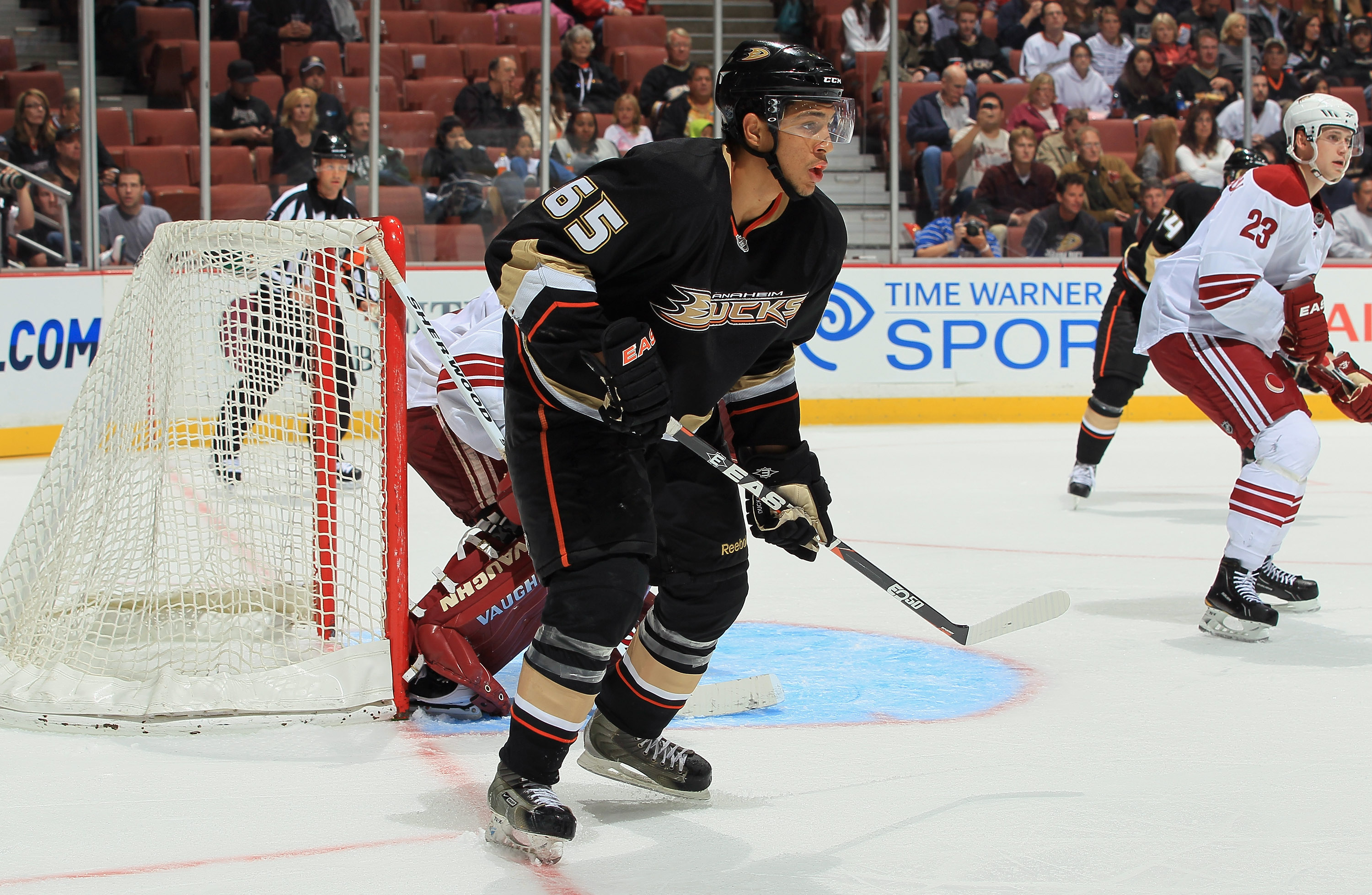 ANAHEIM, CA - SEPTEMBER 21: Emerson Etem #65 of the Anaheim Ducks skates against the Phoenix Coyotes at Honda Center on September 21, 2010 in Anaheim, California. The Coyotes defeated the Ducks 4-1. (Photo by Jeff Gross/Getty Images)