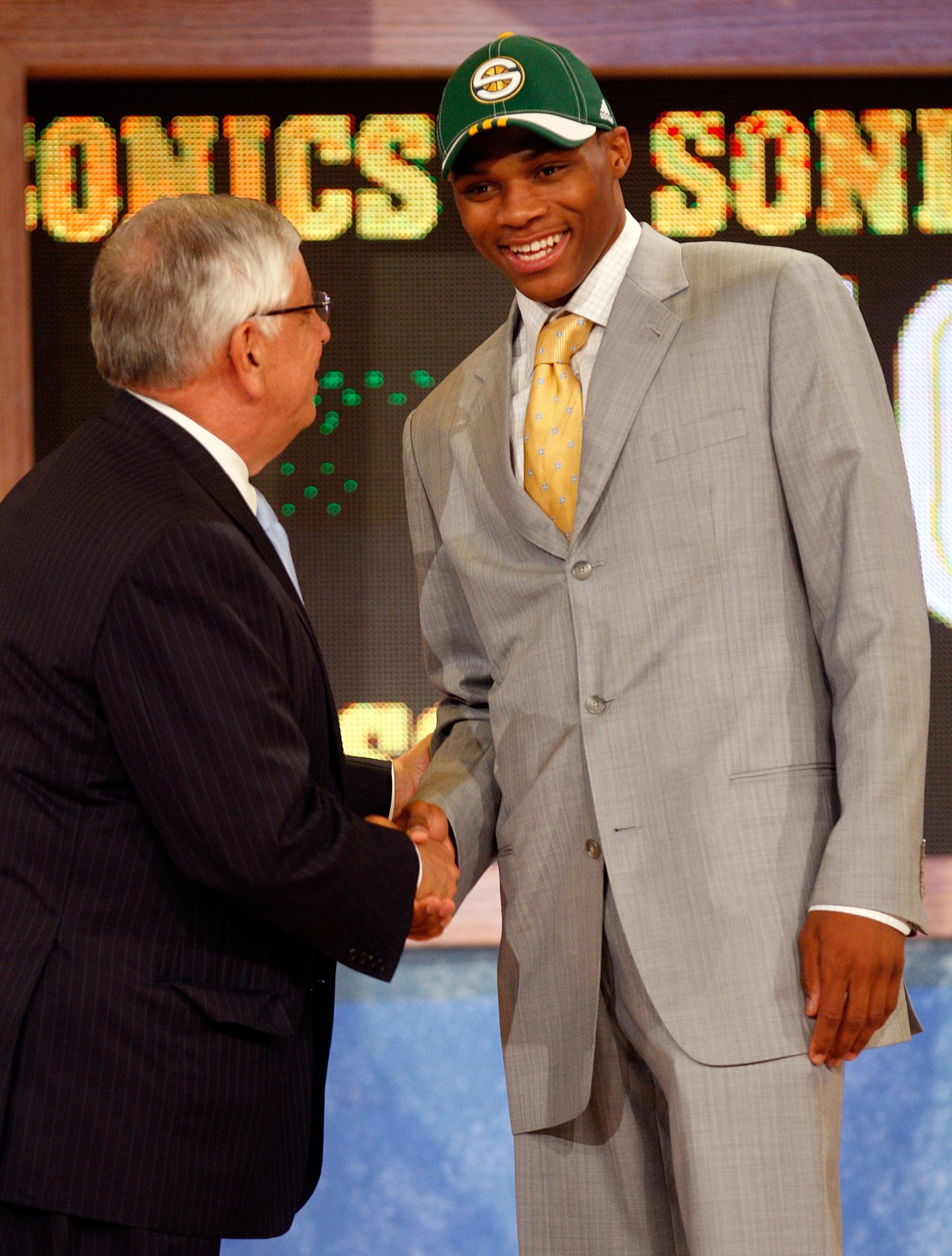 NEW YORK - JUNE 26:  NBA Commissioner David Stern shakes hands with number four draft pick for the Seattle SuperSonics, Russell Westbrook during the 2008 NBA Draft at the Wamu Theatre at Madison Square Garden June 26, 2008 in New York City. NOTE TO USER: