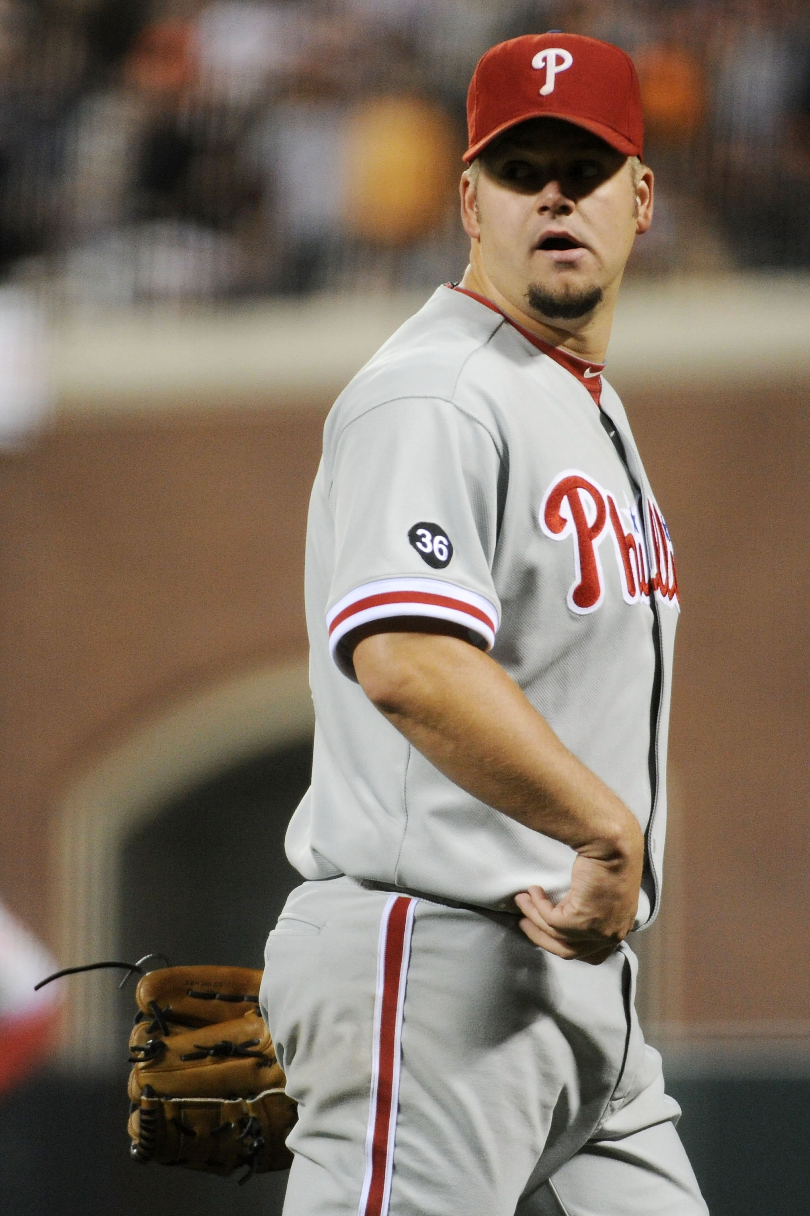 SAN FRANCISCO - OCTOBER 20:  Joe Blanton #56 of the Philadelphia Phillies reacts in the fifth inning of Game Four of the NLCS against the San Francisco Giants during the 2010 MLB Playoffs at AT&T Park on October 20, 2010 in San Francisco, California.  (Ph