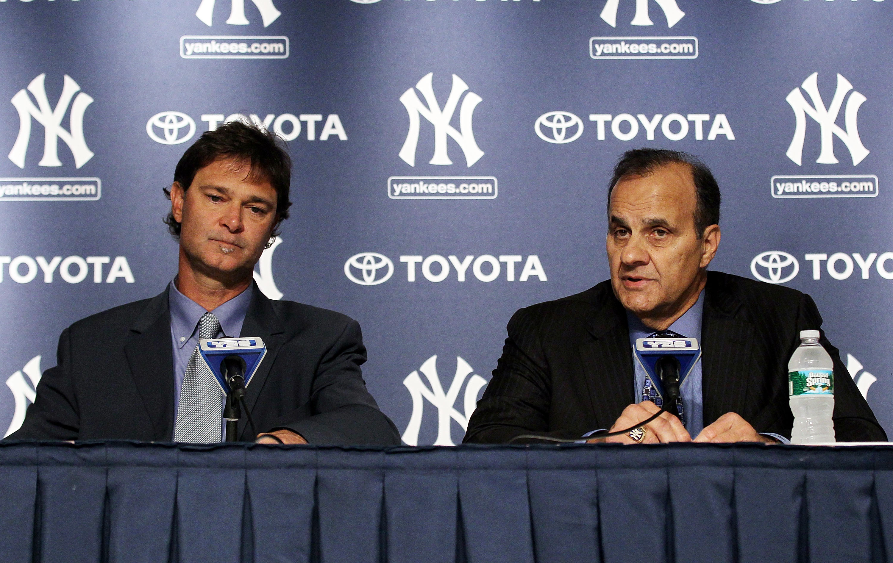 NEW YORK - SEPTEMBER 20: Former New York Yankees manager Joe Torre (R) and former player Don Mattingly speak to the media prior to the game against the Tampa Bay Rays on September 20, 2010 at Yankee Stadium in the Bronx borough of New York City. (Photo