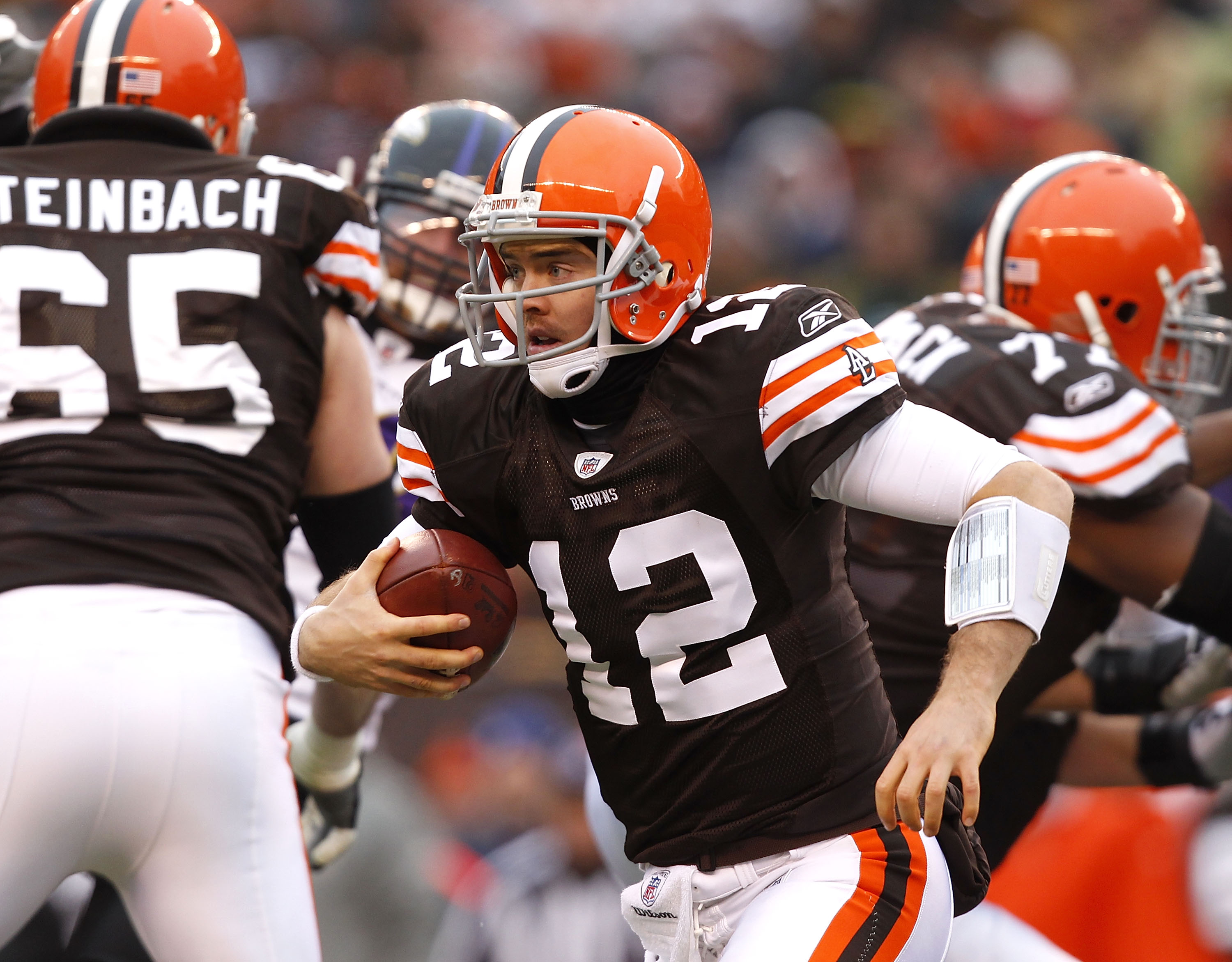 CLEVELAND - DECEMBER 26:  Quarterback Colt McCoy #12 of the Cleveland Browns runs the ball against the Baltimore Ravens at Cleveland Browns Stadium on December 26, 2010 in Cleveland, Ohio.  (Photo by Matt Sullivan/Getty Images)