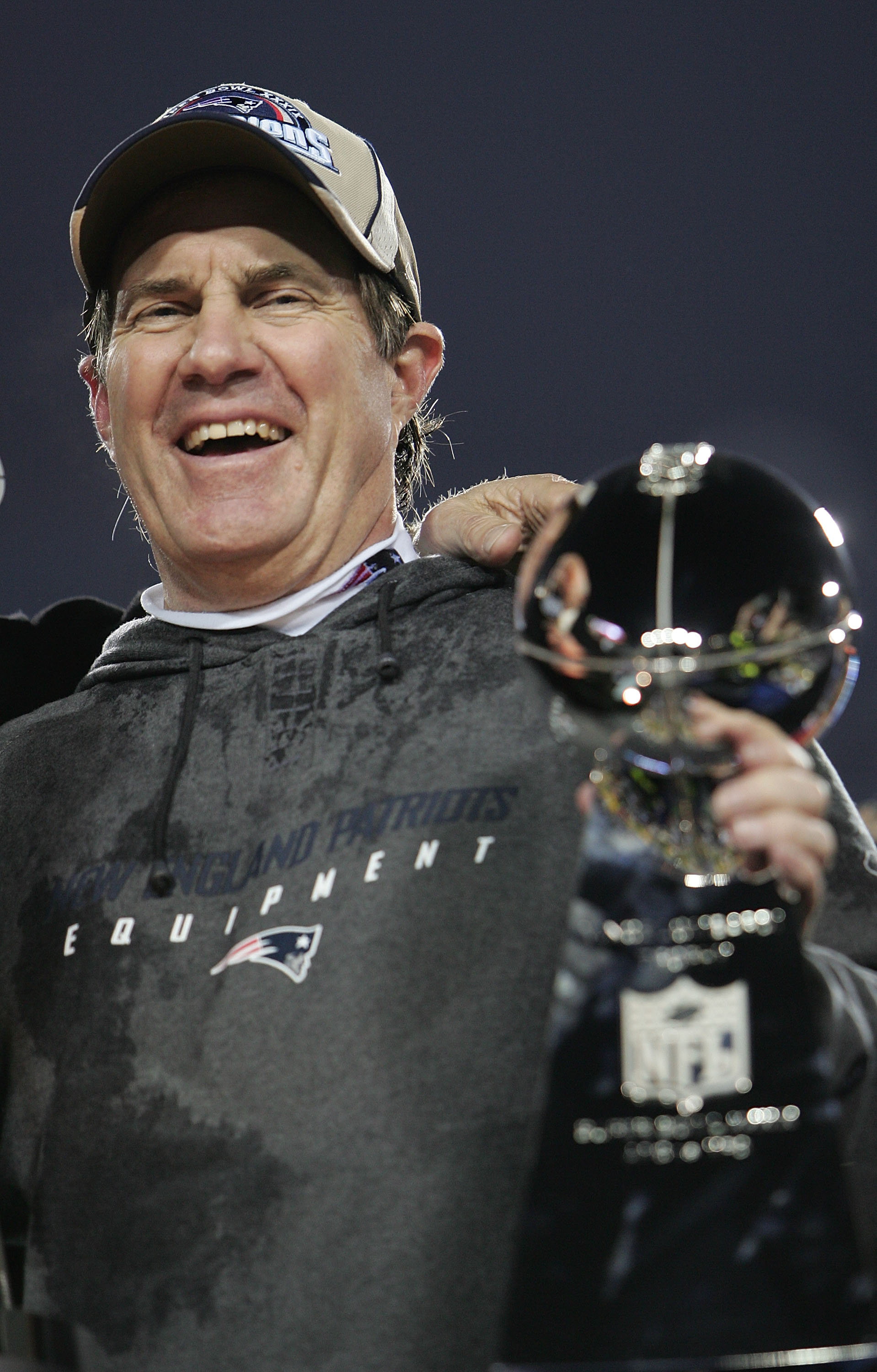 JACKSONVILLE, FLORIDA - FEBRUARY 06:  Head coach Bill Belichick of the New England Patriots celebrates with the Lombardi trophy after defeating the Philadelphia Eagles in Super Bowl XXXIX at Alltel Stadium on February 6, 2005 in Jacksonville, Florida.  Th